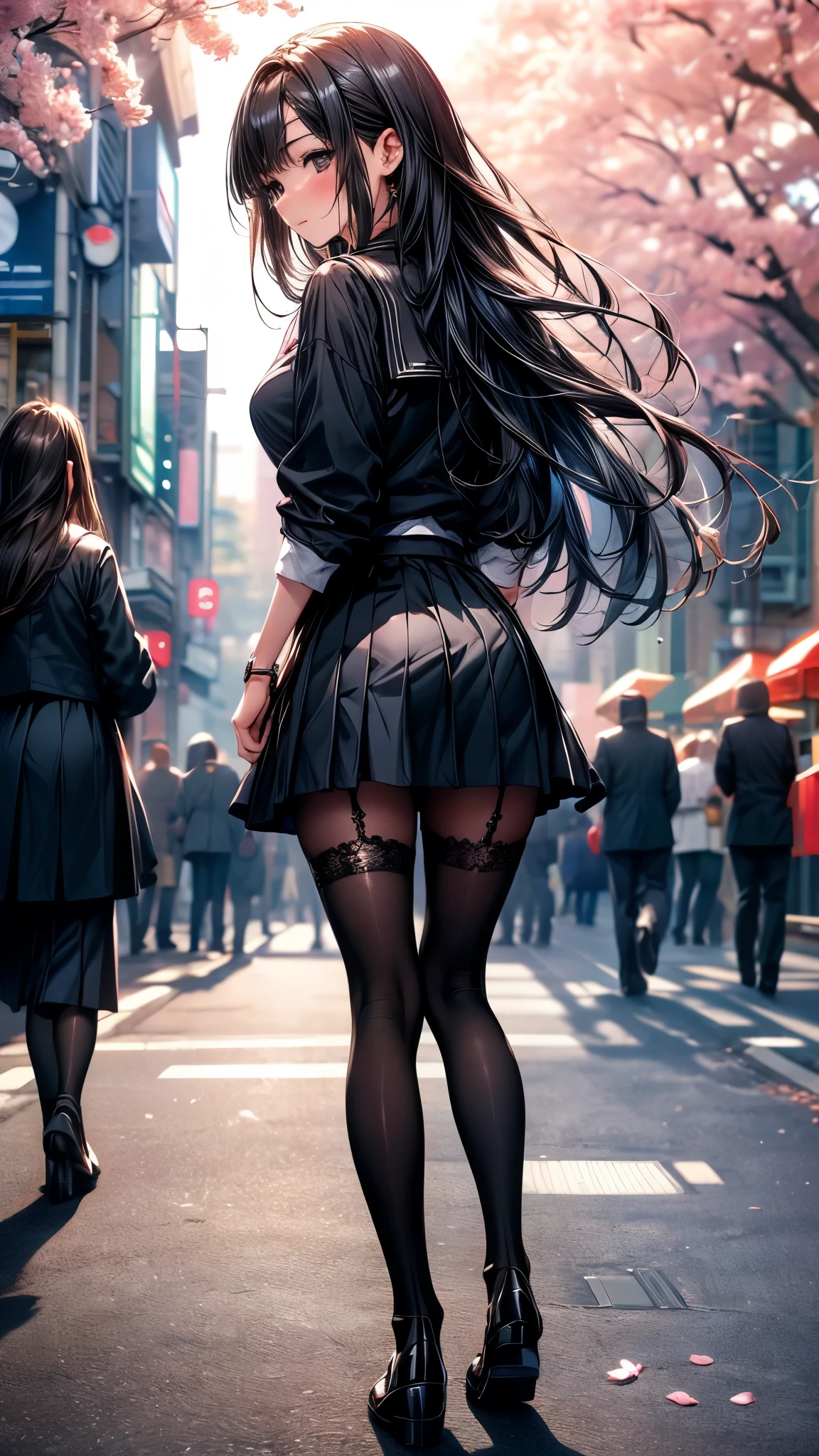 ((Ultra-delicate)), ((Ultra-detail)),(Be focused), (high resolution), Deformed depth of field blurred background, (Detailed background), Perfect layer cut, (full-body shot), rear View, a girl, one person, ((Japanese student)), slim figure, smooth skin, black long hair, slim legs, beautiful fingers, School uniform, white shirt, Black pleated student skirt, dark stockings, Dark student shoes, Background japan city, on street, outdoor , spring, morning, Cherry blossoms, floating Cherry blossoms, CG unity, 8k, Octane Render,
