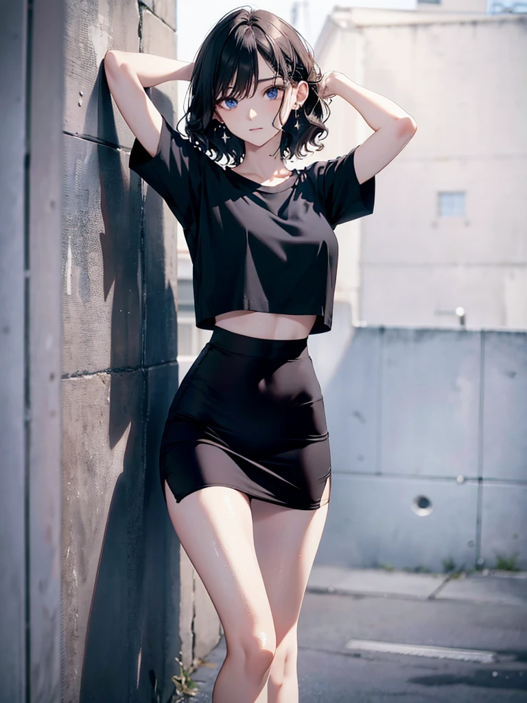 absurdres, RAW photo, extremely delicate and beautiful, masterpiece, Best Quality, ultra high resolution, 32k, hyperrealistic, ultra-detailed, perfect anatomy, anatomically correct, perfect figure, super Detailed skin, pale skin, 20 years old, very Slim body, narrow waist, very small head, very small face, delicate facial features, detailed face, detailed eyes, tearful mole, earring, thin legs, bare legs, very huge round breasts, short medium hair, ((wavy hair)), wet clothes, tight skirt, cropped T-shirt, Leaning against wall, arms up behind,
