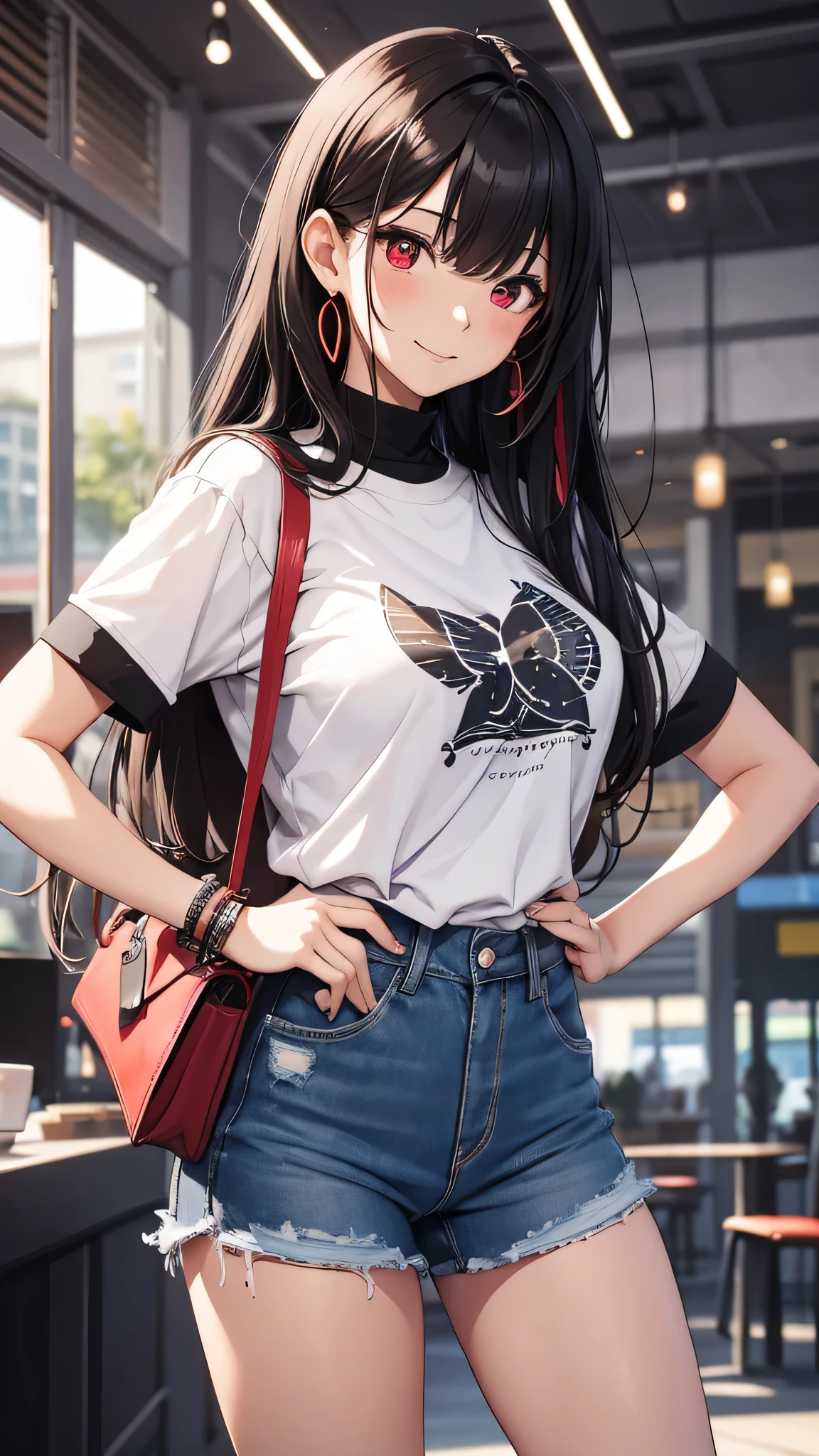 最high quality、Best image quality、masterpiece、girl((18-year-old、 By becoming、Best Bust、Medium Bust,Wide open breast tea、Red glowing eyes,Black Hair、Red Mesh、Disheveled Hair、Lointail、thin,The highest valley、Open chest、Luminous Wristbands、hair ornaments、Show the whole body,Black short sleeve T-shirt、Wear a shoulder bag、Short denim trousers、Leaning forward、smile、Disheveled,Hands on hips、turn around、peace sign)),high quality、Beautiful art、background((Beautiful sun、sunlight、Large shopping malls、squirt))、Flight、Flying debris、Written boundary depth、movie、Visual Arts、Perfect art、8K,Genuine,