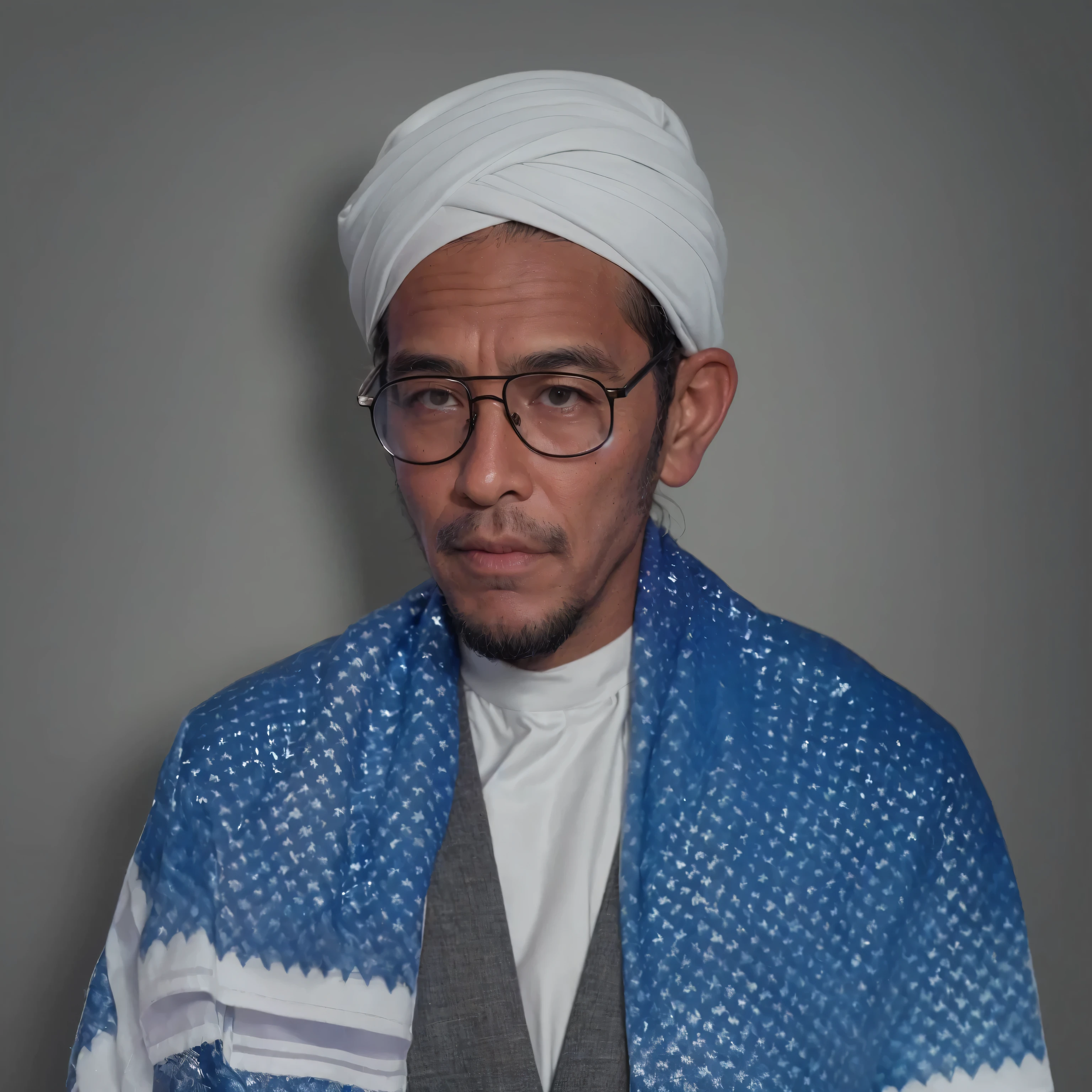 Make this photo look detailed and realistic, arafed man with a black beard and wearing a black suit and blue shawl and with glasses, 7 0 years old man, realistic potrait, colorized potrait photograph, perfect potrait photograph, very detailed potrait photograph