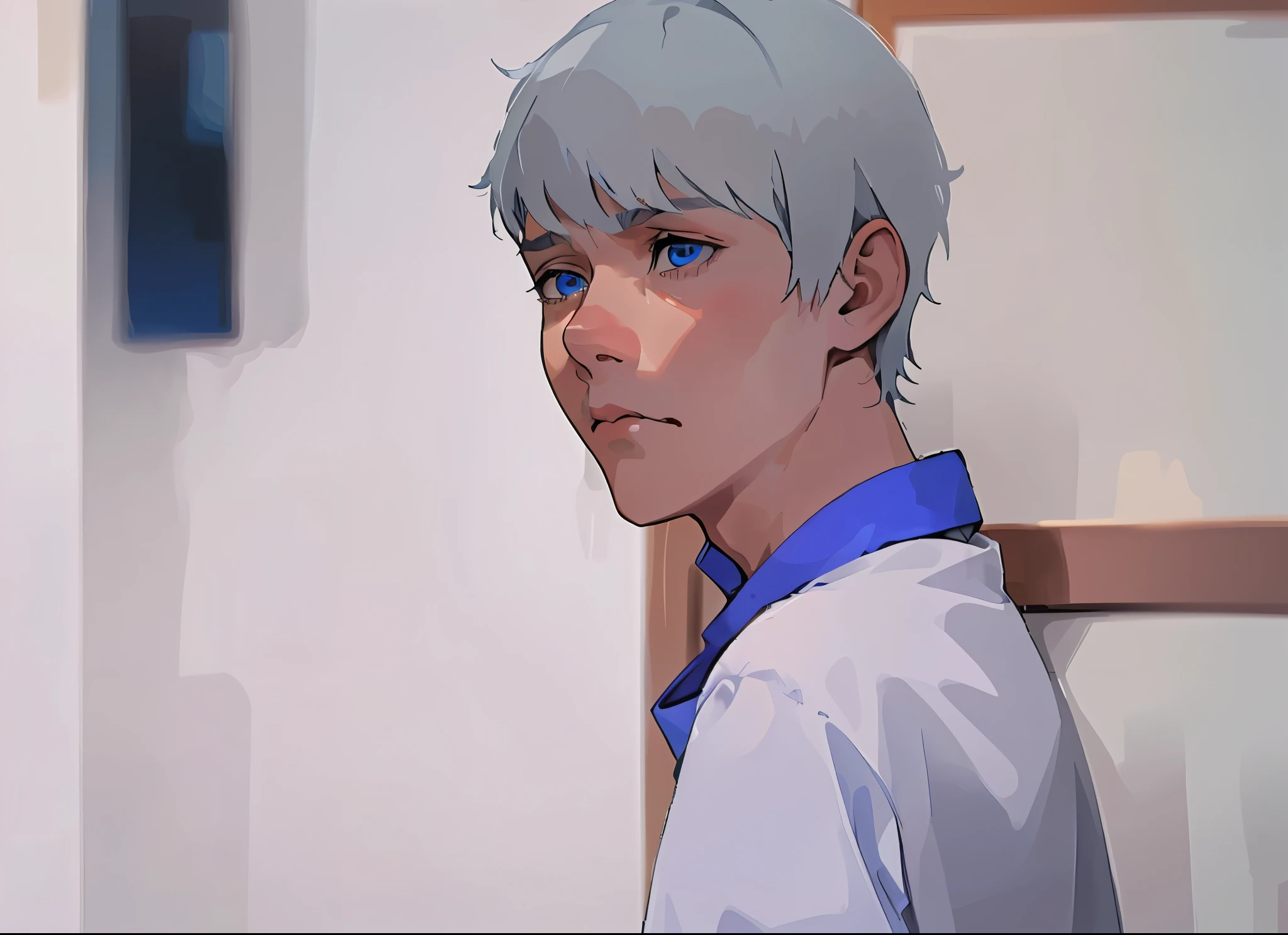 cute  man blue eyes gray hair is looking at someone he is sad  