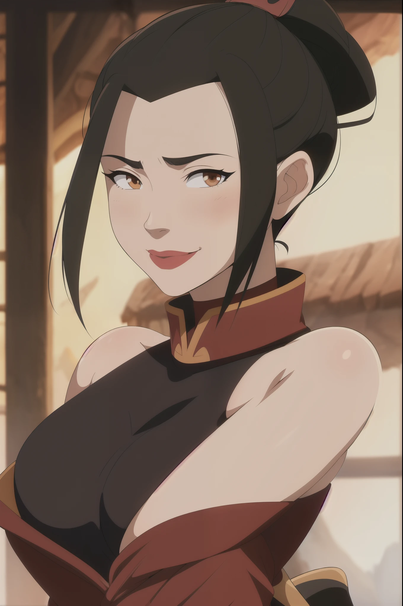  (anime), cartoon, detailed, azula, 1girl, solo, short hair, black hair, hair ornament, ponytail,  brown eyes,  lipstick,  red lips, no clothes, breasts out, mature, art by greg rutkowski and artgerm, soft cinematic light, highly detailed, (depth of field:1.4), soft light, sharp, exposure blend, medium shot, bokeh, (hdr:1.4), high contrast, art [[by jordan grimmer]], closeup, happy face, smiling, blushing, shy, proud, posing, upper body