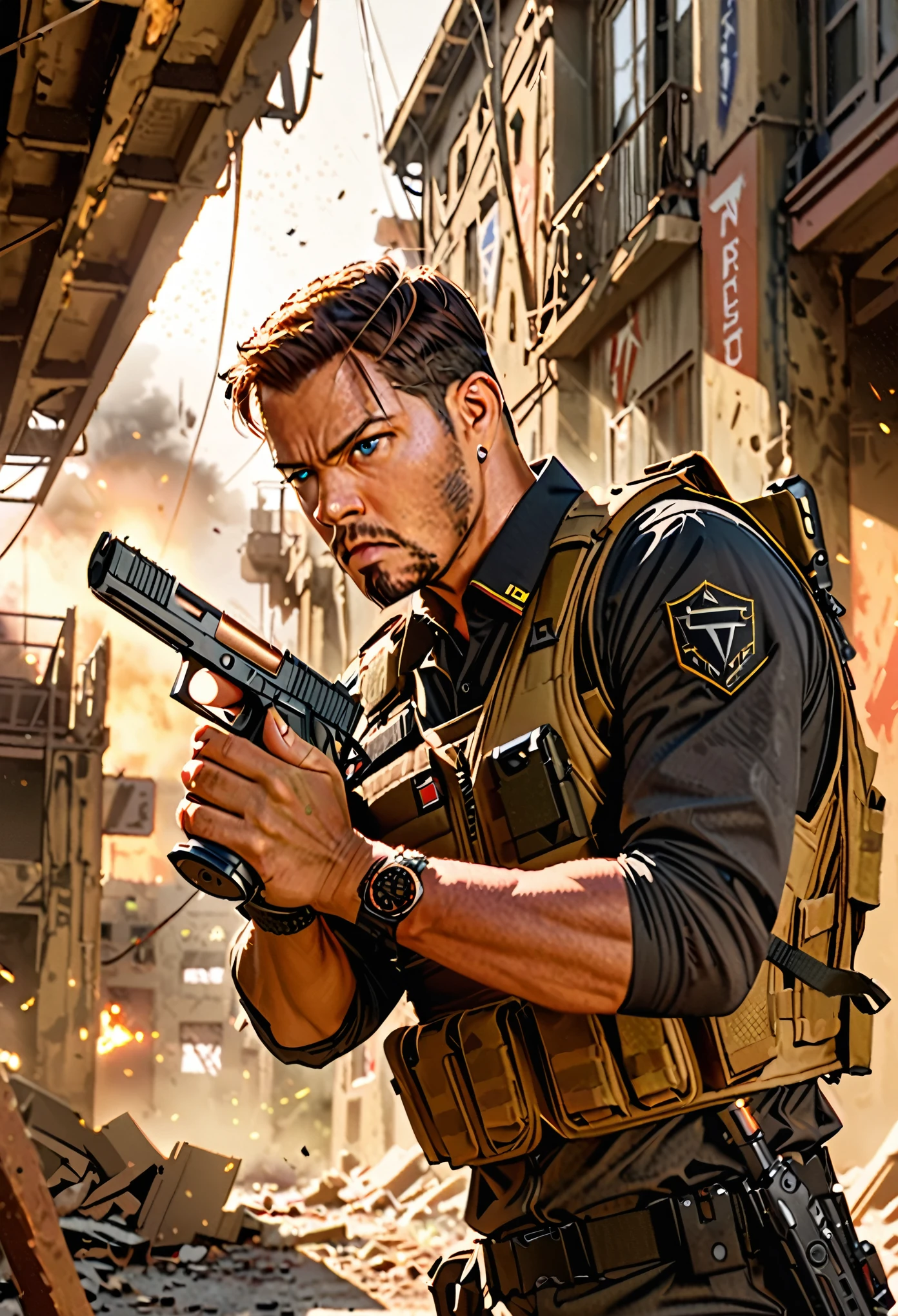 masterpiece, best quality, Soldier with dark uniform, using pistol, STI 1911, ruined background, realistic, stylish, rutkowski, goatee, brown hair, buzz hair, blue eyes, tactical vest, intricate details, hyperdetailed, cinematic, rim light, danger atmosphere