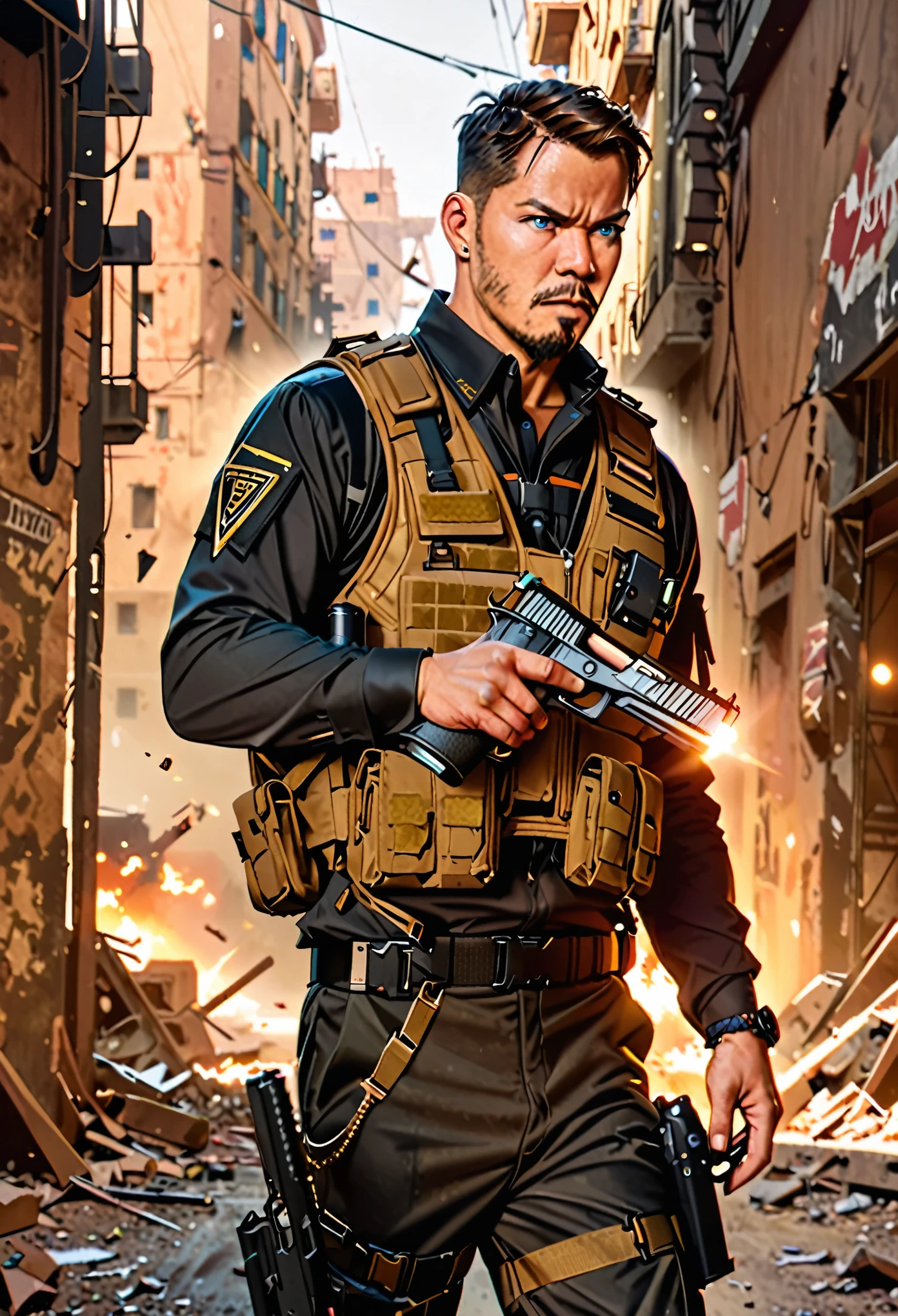 masterpiece, best quality, Soldier with dark uniform, using pistol, STI 1911, ruined background, realistic, stylish, rutkowski, goatee, brown hair, buzz hair, blue eyes, tactical vest, intricate details, hyperdetailed, cinematic, rim light, danger atmosphere