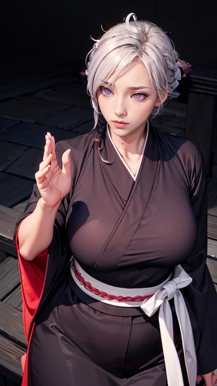 （（（Perfect figure，figure，long sleeves, japanese clothes, kimono, haori, black kimono, hakama, black hakama,（（（isane kotetsu, short hair, braid, white hair, (purple eyes:1.1), hair braid, ））），（（（wide hips））），S-shaped figure:1.7））），((masterpiece)),high resolution, ((Best quality at best))，masterpiece，quality，Best quality，（（（ Exquisite facial features，looking at the audience,There is light in the eyes，blush，Happy））），（（（Interlacing of light and shadow，huge ））），（（（looking into camera，fighting stance，Ghost Road，glow，from above，looking down）））