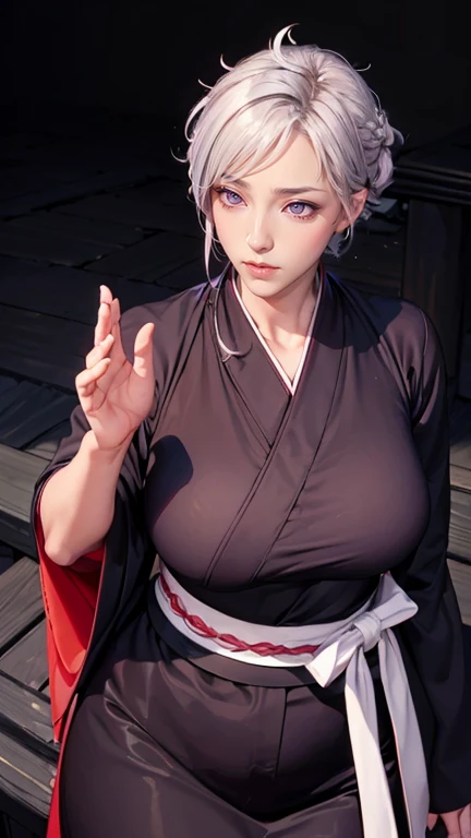 （（（Perfect figure，figure，long sleeves, japanese clothes, kimono, haori, black kimono, hakama, black hakama,（（（isane kotetsu, short hair, braid, white hair, (purple eyes:1.1), hair braid, ））），（（（wide hips））），S-shaped figure:1.7））），((masterpiece)),high resolution, ((Best quality at best))，masterpiece，quality，Best quality，（（（ Exquisite facial features，looking at the audience,There is light in the eyes，blush，Happy））），（（（Interlacing of light and shadow，huge ））），（（（looking into camera，fighting stance，Ghost Road，glow，from above，looking down）））