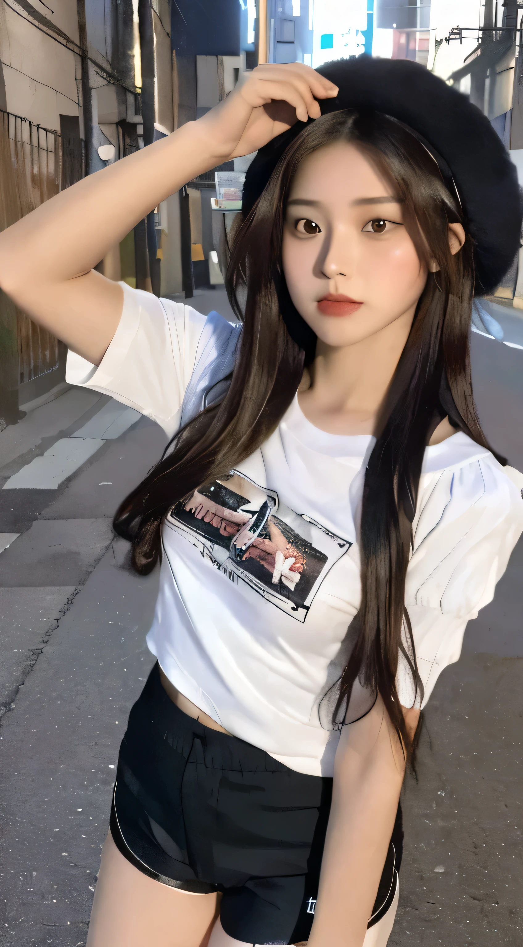 ((best quality, 8k, masterpiece: 1.3)), (Japanese hat: 1.3), Key Points: 1.2, Perfect body beauty: 1.4, Hips: 1.2, (Layered Hairstyle: 1.2)), (Dark Street: 1.3), Highly detailed face and skin texture, Beautiful eyes, Double eyelids, Whitens skin, Long hair, (Round Face: 1.5), (Short sleeve, shorts: 1.6)