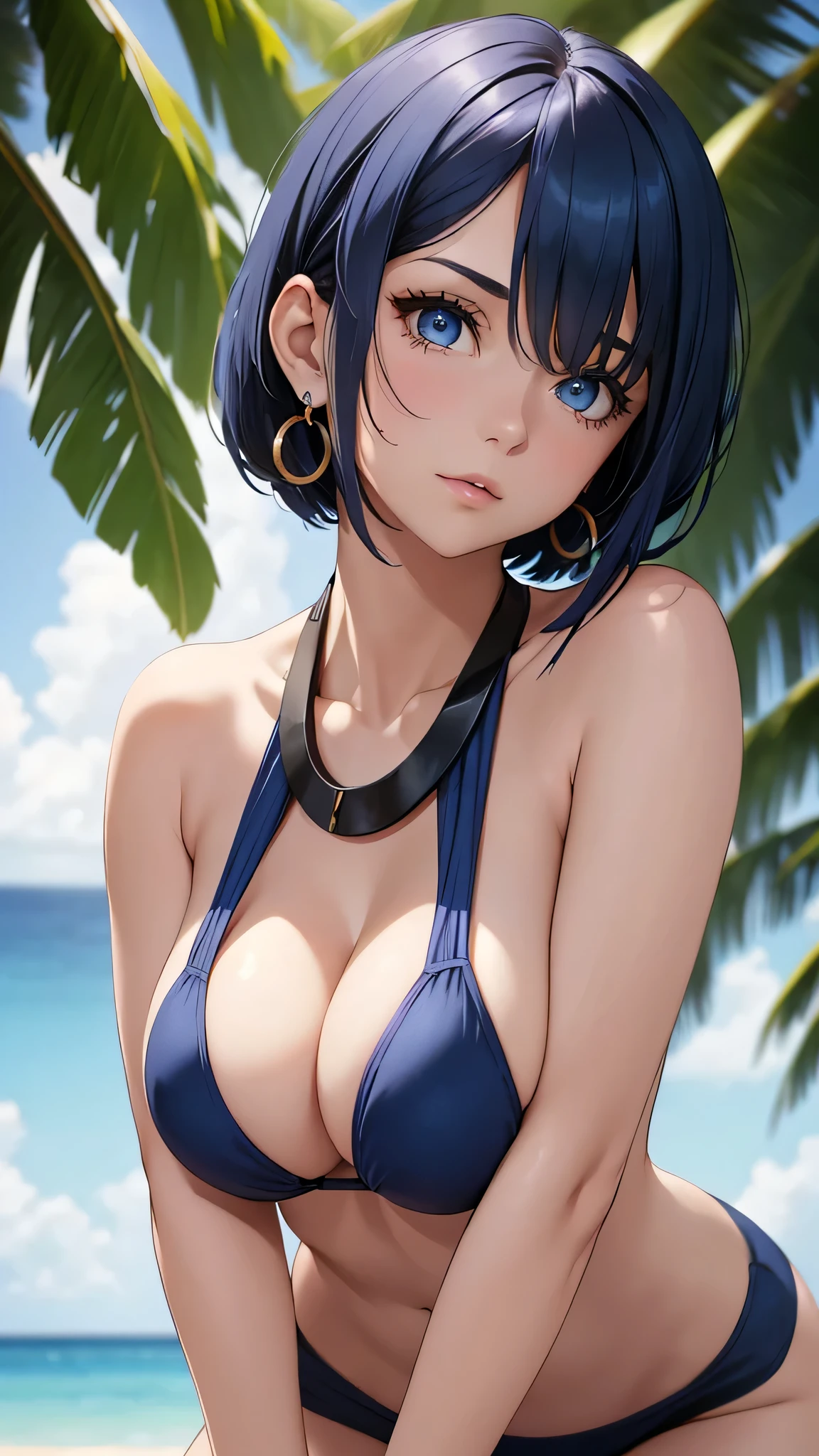 Beautiful Girl, Navy Blue Hair,short hair(Inward Curling Bob) ,blue eyes,(Navy blue halter bikini)、(Big Breasts)、blue earrings,In close range、blue necklace、Firm breasts、(forward leaning posture)