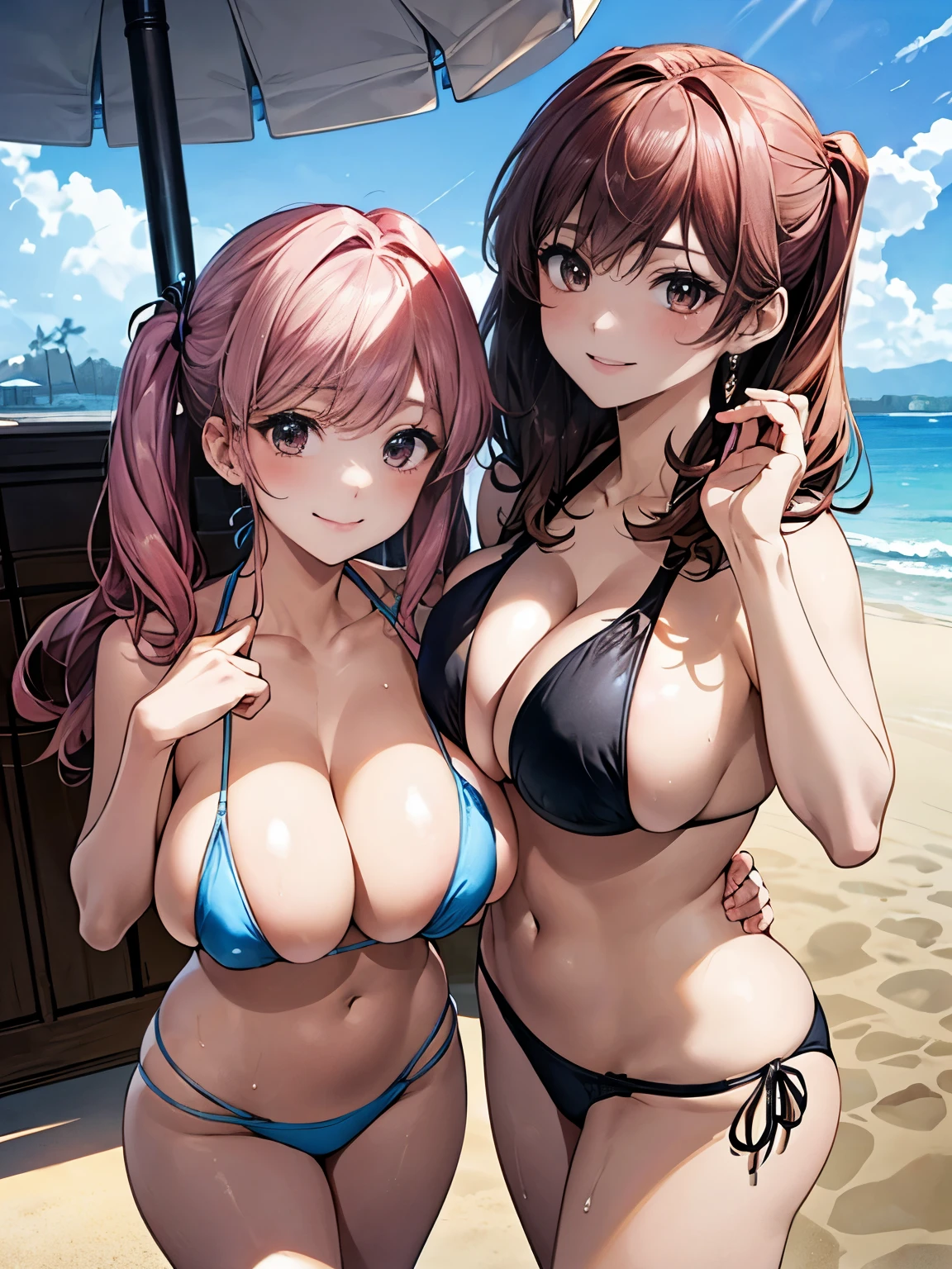 cute,smile, blush, Hot face, Wet body, (In 8K,highest quality,Ultra-high resolution output images,),(Intricate details,),(Set the picture mode to Ultra HD),Detailed clothing features,Detailed hair features,Detailed facial features,Perfect Fingers, ((Two women in bikinis standing at a beach house)), ((2 girls:1.5)), Palm tree,Yacht, Parasol, Big Breasts, ((Big Tits:1.7)), とても大きいtits proportions, tits, Renji Murata and Artgerm, two beautiful Anime Girls, wlop and sakimichan, Big Breasts!!, Big Breasts!, Anime Girls, Realistic Bikini, Swimwear, biomechanical tits, junko enoshima, Dutch Angle, Random pose, Random hairstyle