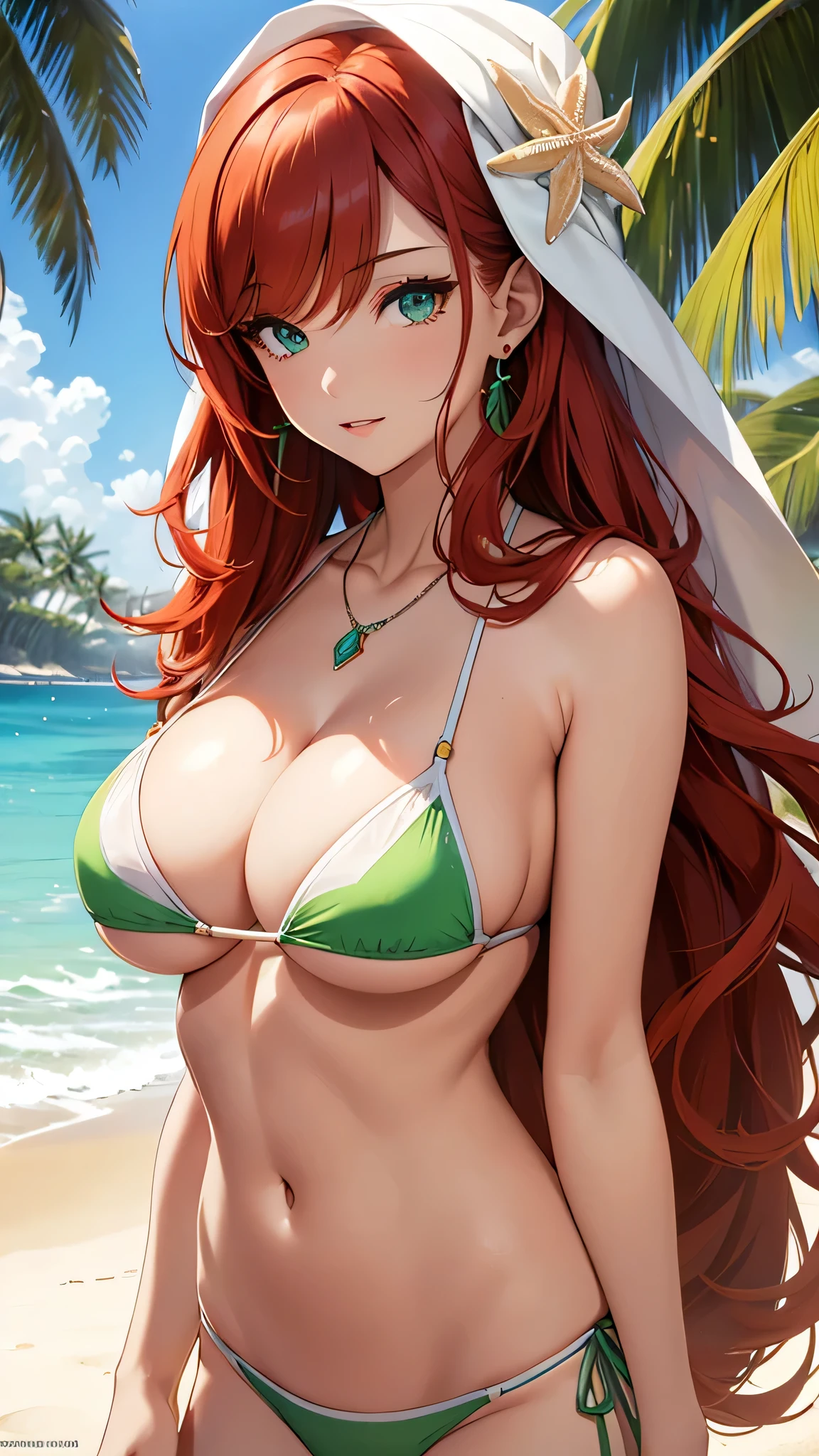 beautiful girl, Bright redhead、Long Hair,((Big Breasts))、 Detailed green eye, ((White Bikini)),Big cleavage、necklace、Earrings、sexy look、Poses that accentuate the chest、background(Beach)