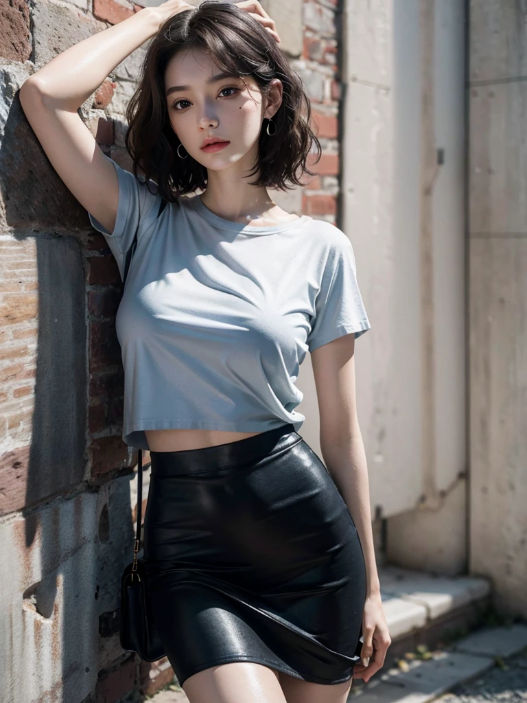 absurdres, RAW photo, extremely delicate and beautiful, masterpiece, Best Quality, ultra high resolution, 32k, hyperrealistic, ultra-detailed, perfect anatomy, anatomically correct, perfect figure, super Detailed skin, pale skin, 20 years old, very Slim body, narrow waist, very small head, very small face, delicate facial features, detailed face, detailed eyes, tearful mole, earring, thin legs, bare legs, ((very huge round breasts)), short medium hair, ((wavy hair)), wet clothes, tight skirt, cropped T-shirt, Leaning against wall, arms up behind,