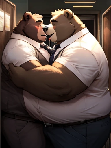 Full picture, Obese, Chubby , male , furry, fluffy, salivating , wet, kissing , Hug , climaxing face , clothes, wet clothes, sexual
(Extremely Romantic atmosphere, masterpiece) , work attire, white shirt, black tie, open shirt, hairy chest exposed, belly to belly, sweating, break room, dark, night time, no light, belly to belly, very obese, very fat, very huge fat belly, duo anthro bear.