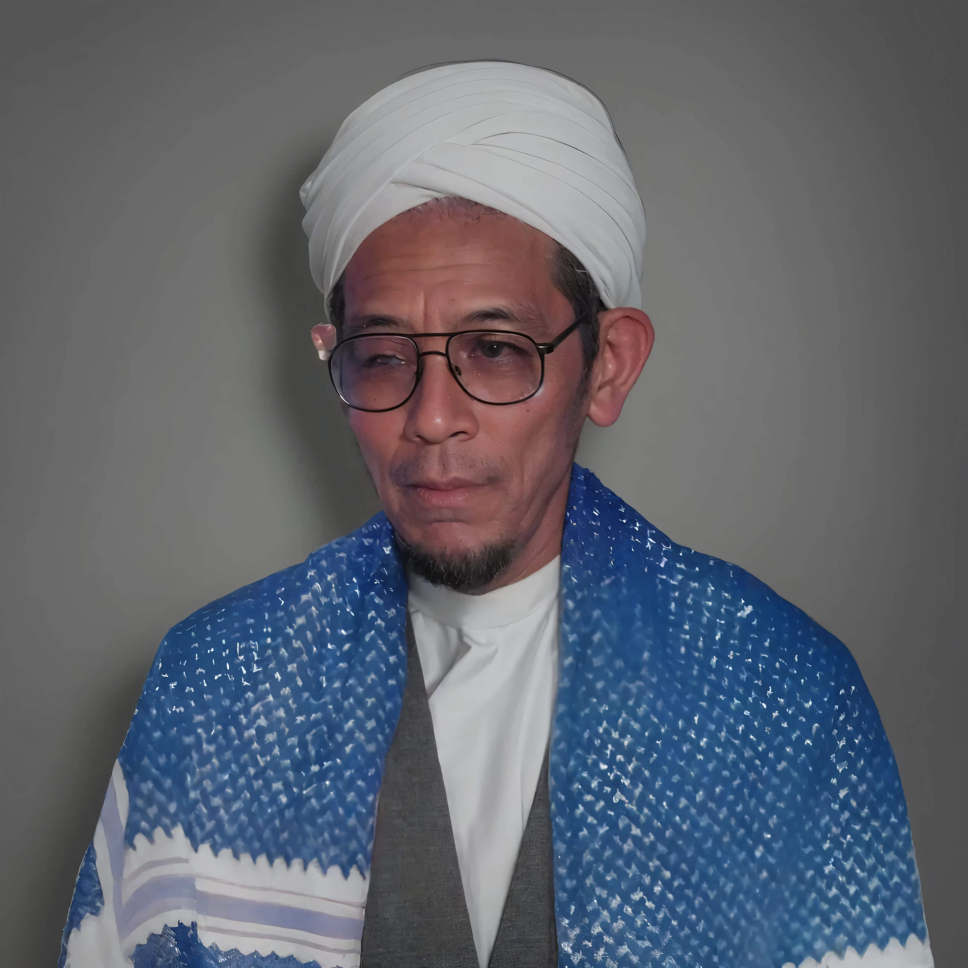 Make this photo look detailed and realistic, arafed man with a black beard and wearing a black suit and blue shawl and with glasses, 7 0 years old man, realistic potrait, colorized potrait photograph, perfect potrait photograph, very detailed potrait photograph