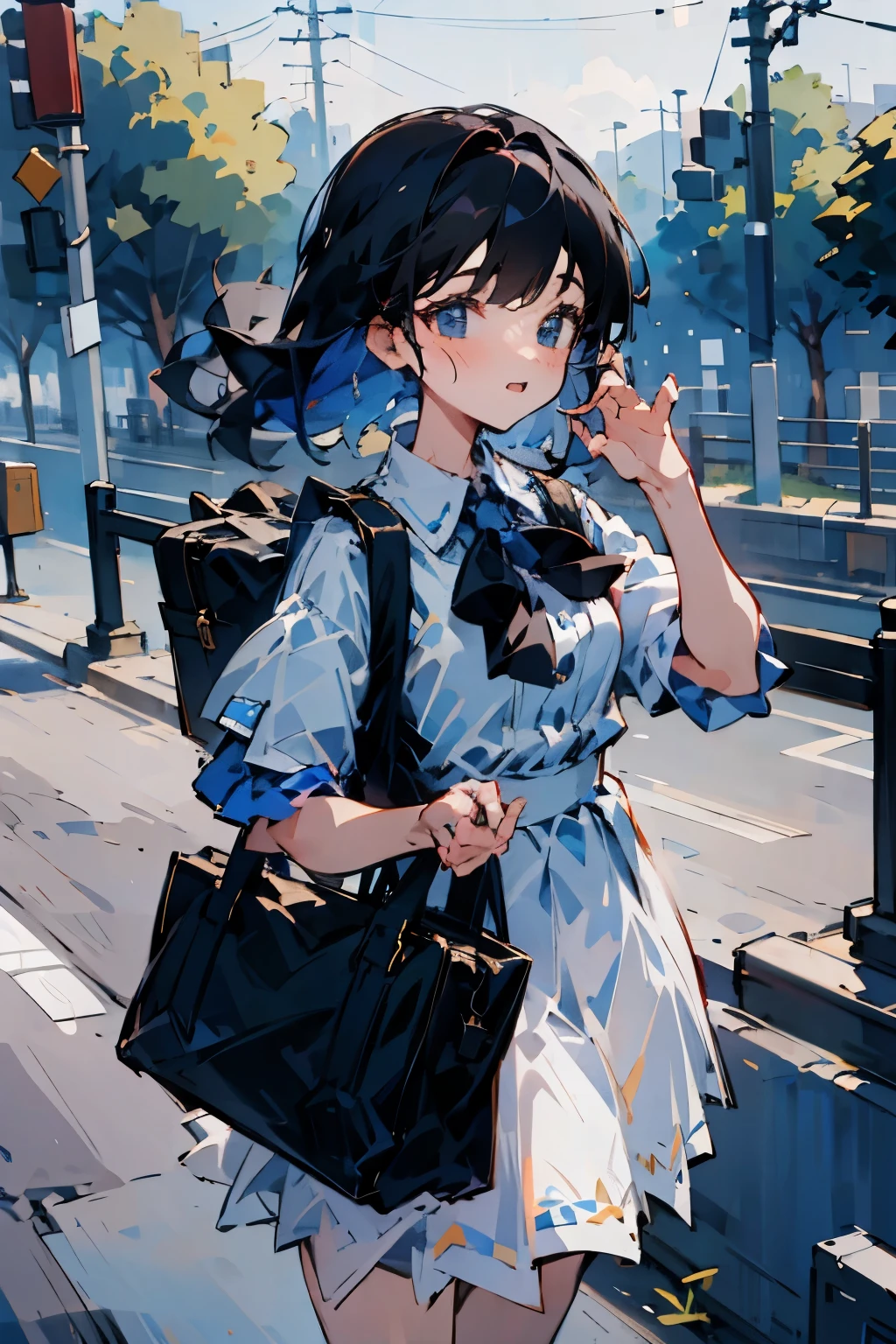 A high school girl walks down a residential street, carrying a bag in her hand, her face faithful to the LoRA model, bright and lively, basking in the morning sunlight. there is no bag on her back