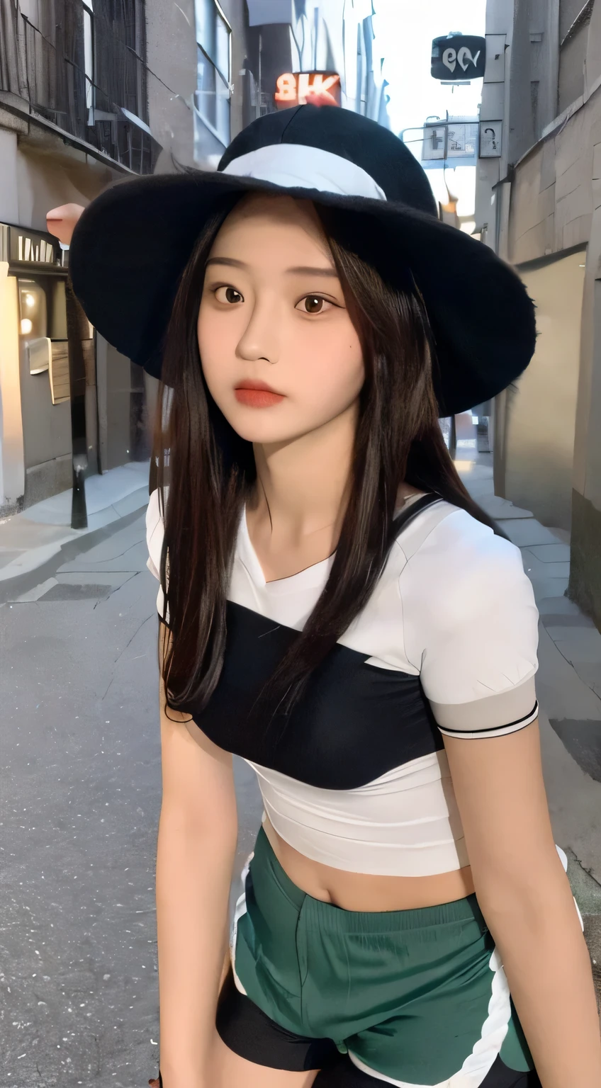 ((best quality, 8k, masterpiece: 1.3)), (Japanese hat: 1.3), Key Points: 1.2, Perfect body beauty: 1.4, Hips: 1.2, (Layered Hairstyle: 1.2)), (Dark Street: 1.3), Highly detailed face and skin texture, Beautiful eyes, Double eyelids, Whitens skin, Long hair, (Round Face: 1.5), (Short sleeve, shorts: 1.6)