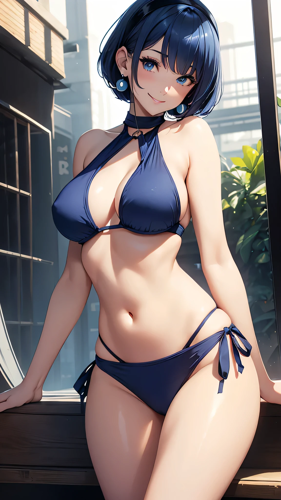 Beautiful Girl, Navy Blue Hair,short hair(Inward Curling Bob) ,blue eyes,(Navy blue halter bikini)、(Big Tits)、blue earrings,In close range、blue necklace、Firm breasts、(forward leaning posture),(white headband),smile