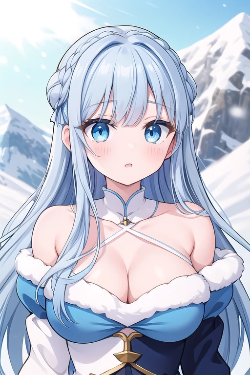 top-quality、hight resolution、detaileds、tits out、teats、NSFW、a beauty girl、Upper body visible、Upper body naked、Eskimo girl in a blizzard、Ice Village、Fantasy worldview、