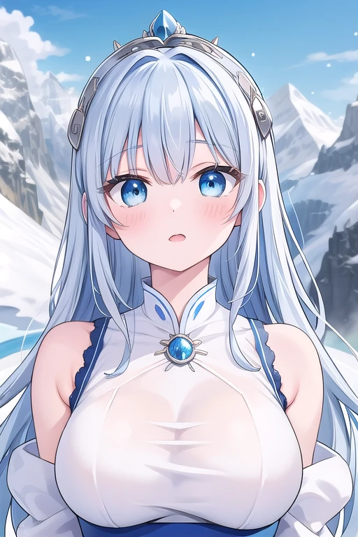 Une femme, 25 ans, cheveux longs, cheveux bleus, blue hairs, blue eyes, yeux bleus, beaucoup de Détails, dans la montagne, snowy mountain, glacier, tempête de neige, game of throne, marcheur blanc, sexy
