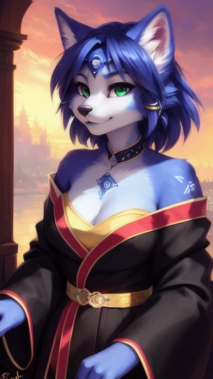 A beautiful and detailed (sweet portrait) von ((Krystal)), Sternenfuchs Krystal, Schlank, liebenswert, green eyes, medium breasts, (((Lange blaue Haare 1.3))), ((schwarze haarspitzen)), Dekollete, Grinsen, hoch schauen,, anthro, Pelzig, Hochgeladen E621, detailed flauschige fur, (von Fluff-Kevlar, Bayard Wu, personalami, Pino Daeni), detailliertes Gesicht, (flauschige), 1 girl, Allein, auf einem bett liegend, alltagskleidung, heller pullover 1.3, schwarze hose, fernsehen