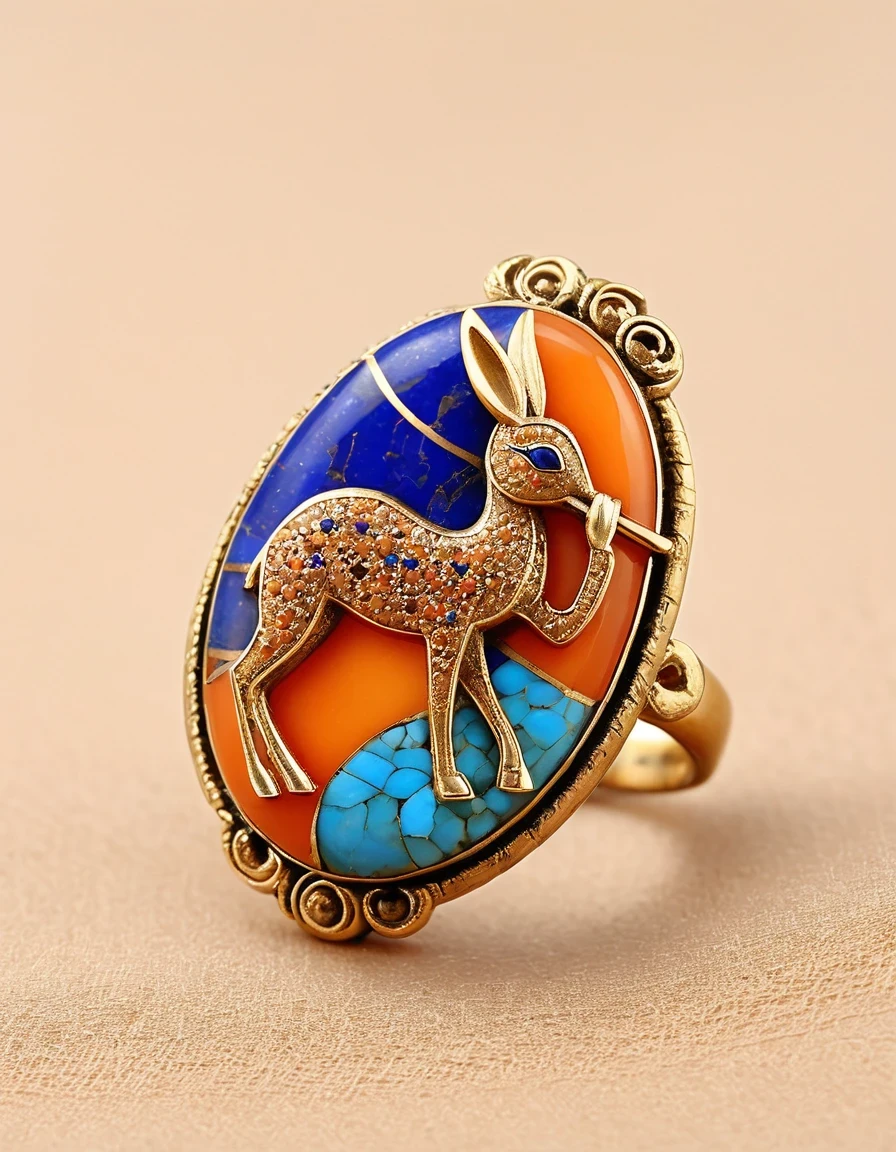 in style of Ming Dynasty period ，Cloisonne Art，Kokopelli playing the flute holds an oval double brown and blue-orange opal stone minimalist abstract ring design，Indian elements，The matching stones are small amounts of lapis lazuli and turquoise，，Clams，feather，gem，Retro，Old，Soft Light