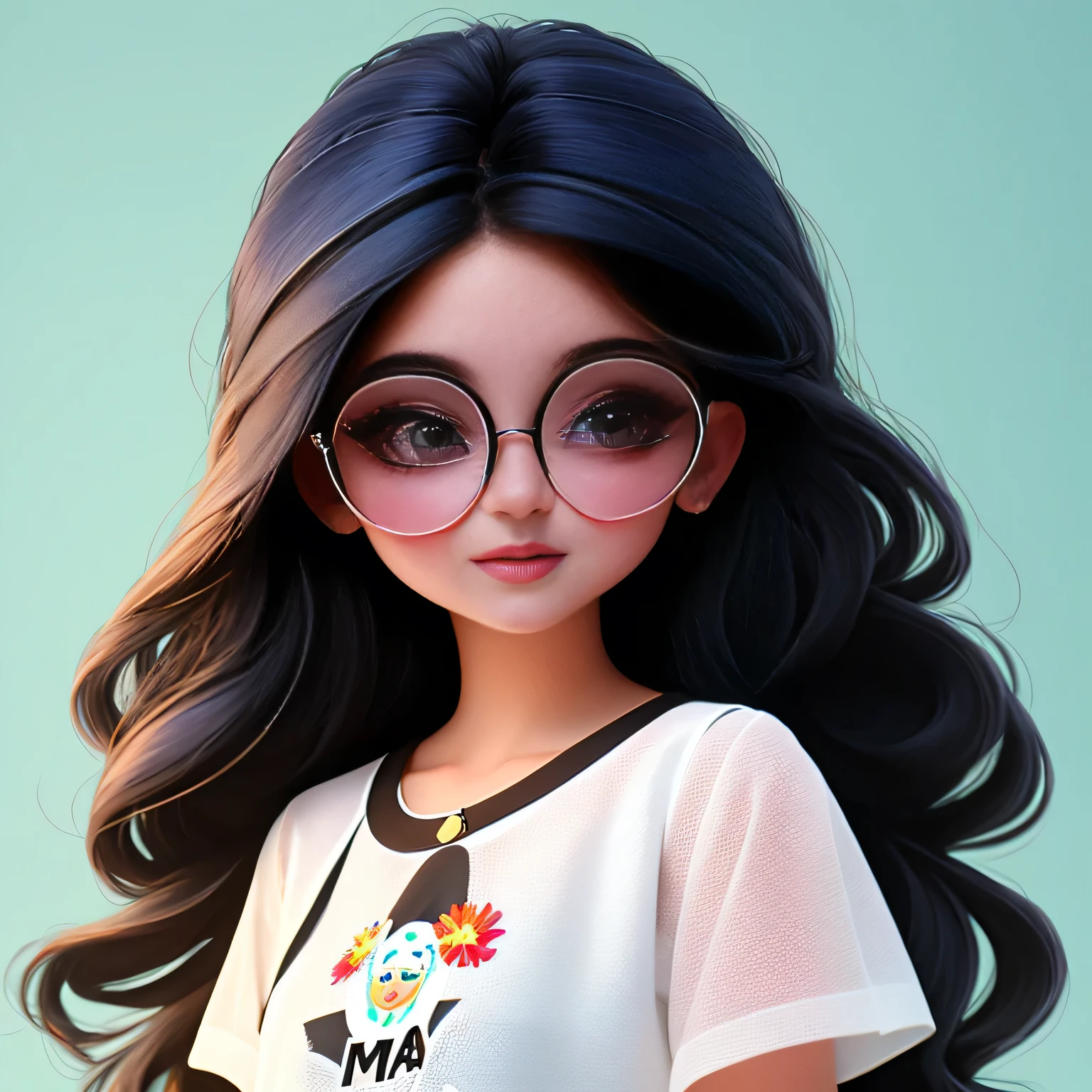 Uma garota linda com uma blusa gola preta ,cabelos longos e pretos , Transparent round glasses