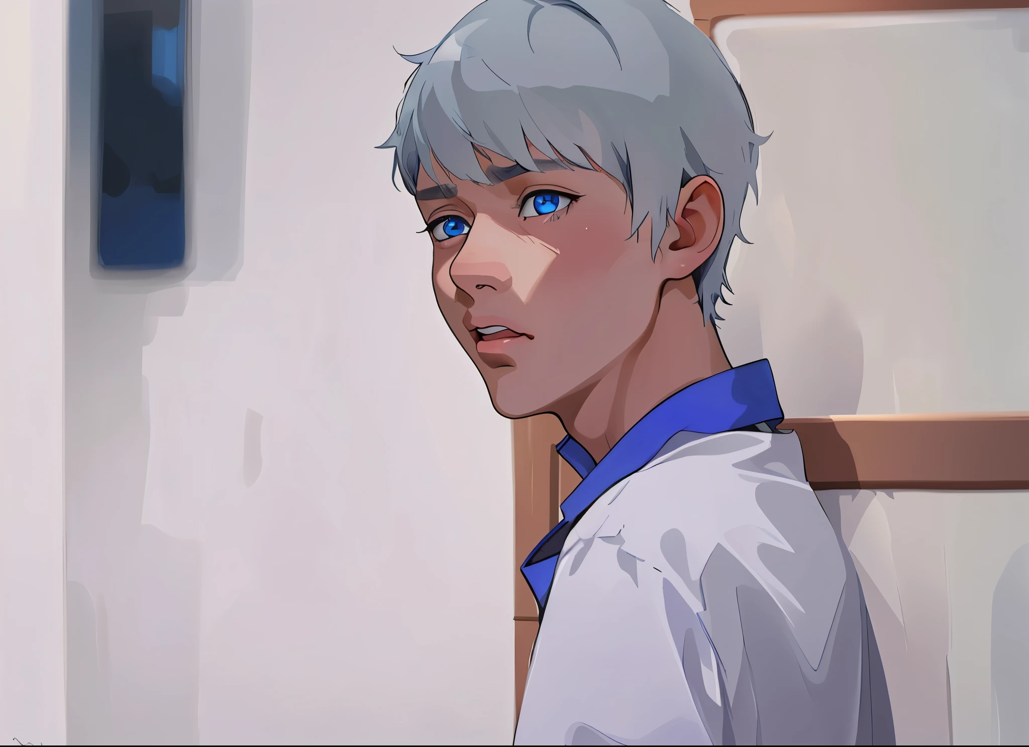 cute 16 year old man blue eyes gray hair is surprised amazed