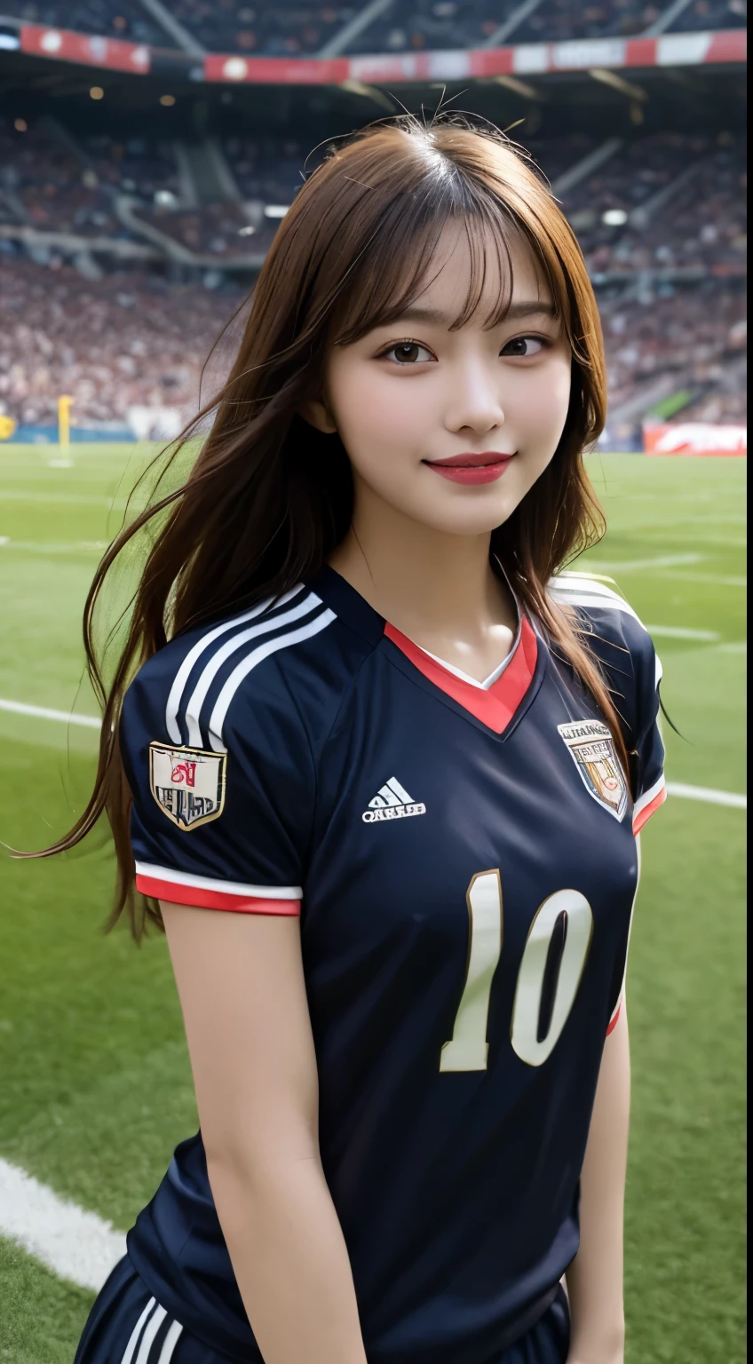 Tabletop, highest quality, figure, Very detailed, In detail, High resolution, 8k wallpaper, Perfect dynamic composition, Beautiful fine details, Soccer uniforms,Medium Hair, Center of chest, Natural color lip, Random sexy poses,smile,Football Stadium,Knight,