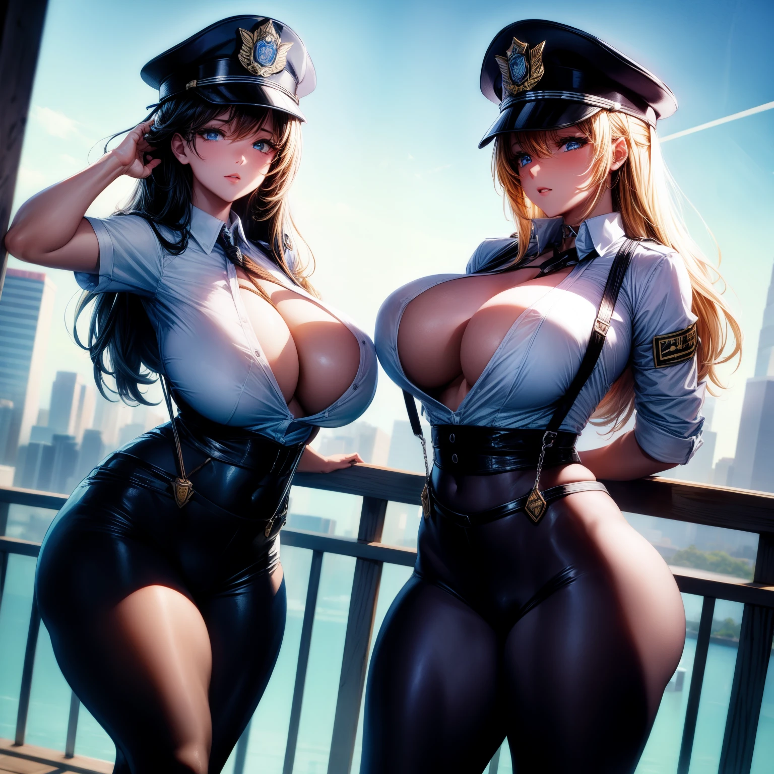 (8k ,Super detailed,The best masterpiece,Nature,Perfect work of art,Perfect female body),Clear skies,standing on top of the building,Looking at the bright sky,Two sexy busty wives ,(Huge breasts,Big Ass),,Raise your hands above your head,Trapped by a rope,Hands tied with rope,Black police officer,Open chest and shoulder,Sexy police officer,Black suspenders,