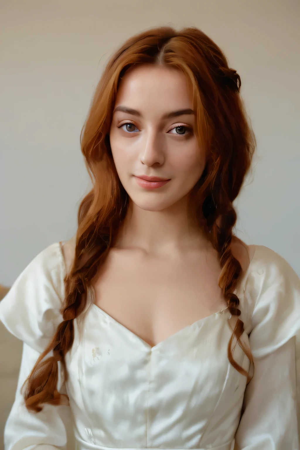 (best quality,4k,8k,highres,masterpiece:1.2),ultra-detailed,realistic,portrait,Simonetta Vespucci,white gown,fine brushstrokes,vivid colors,subtle lighting,pale skin,long wavy hair,fine details,lovely smile,intense eyes,delicate features,natural pose,beautiful backdrop,romantic atmosphere
