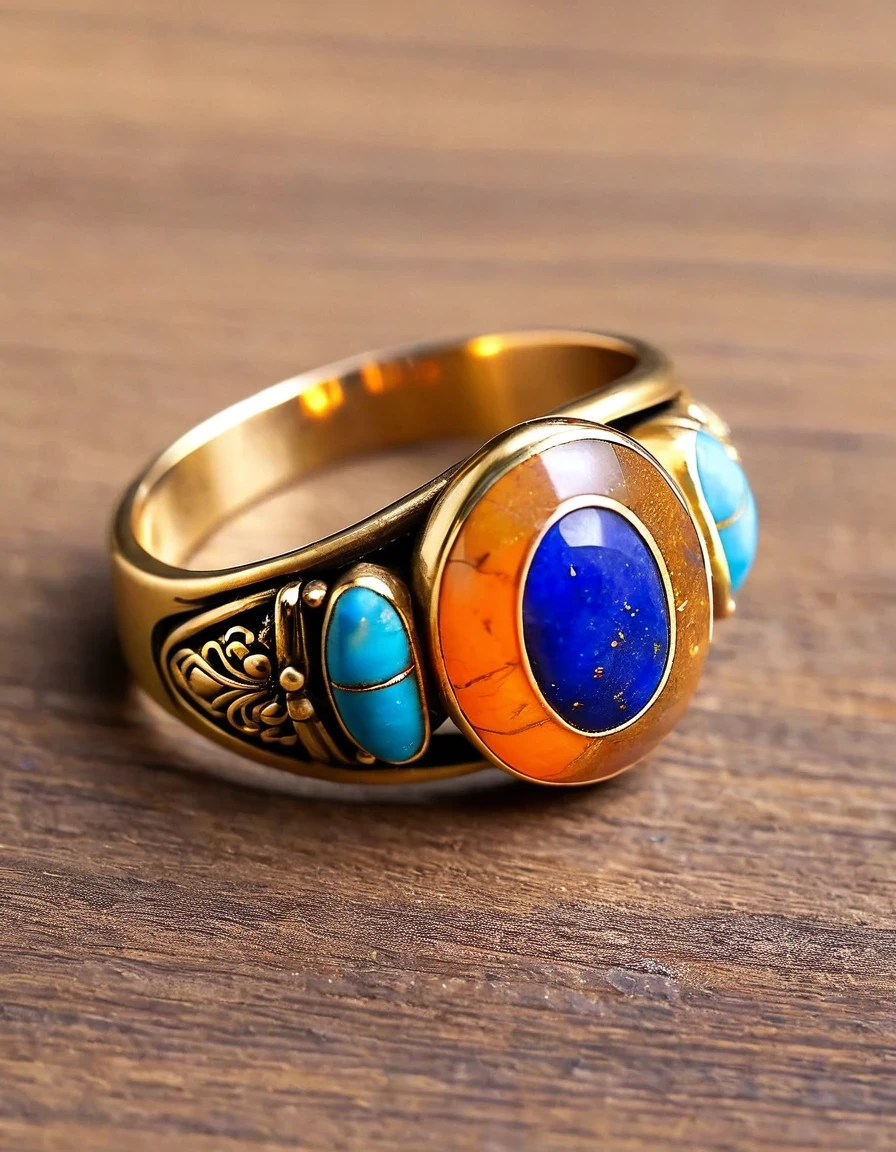 in style of Ming Dynasty period ，Tathagata Buddha，An oval double brown and blue-orange opal minimalist ring design，Indian elements，The matching stones are small amounts of lapis lazuli and turquoise，，Clams，feather，gem，Retro，Old，Soft Light