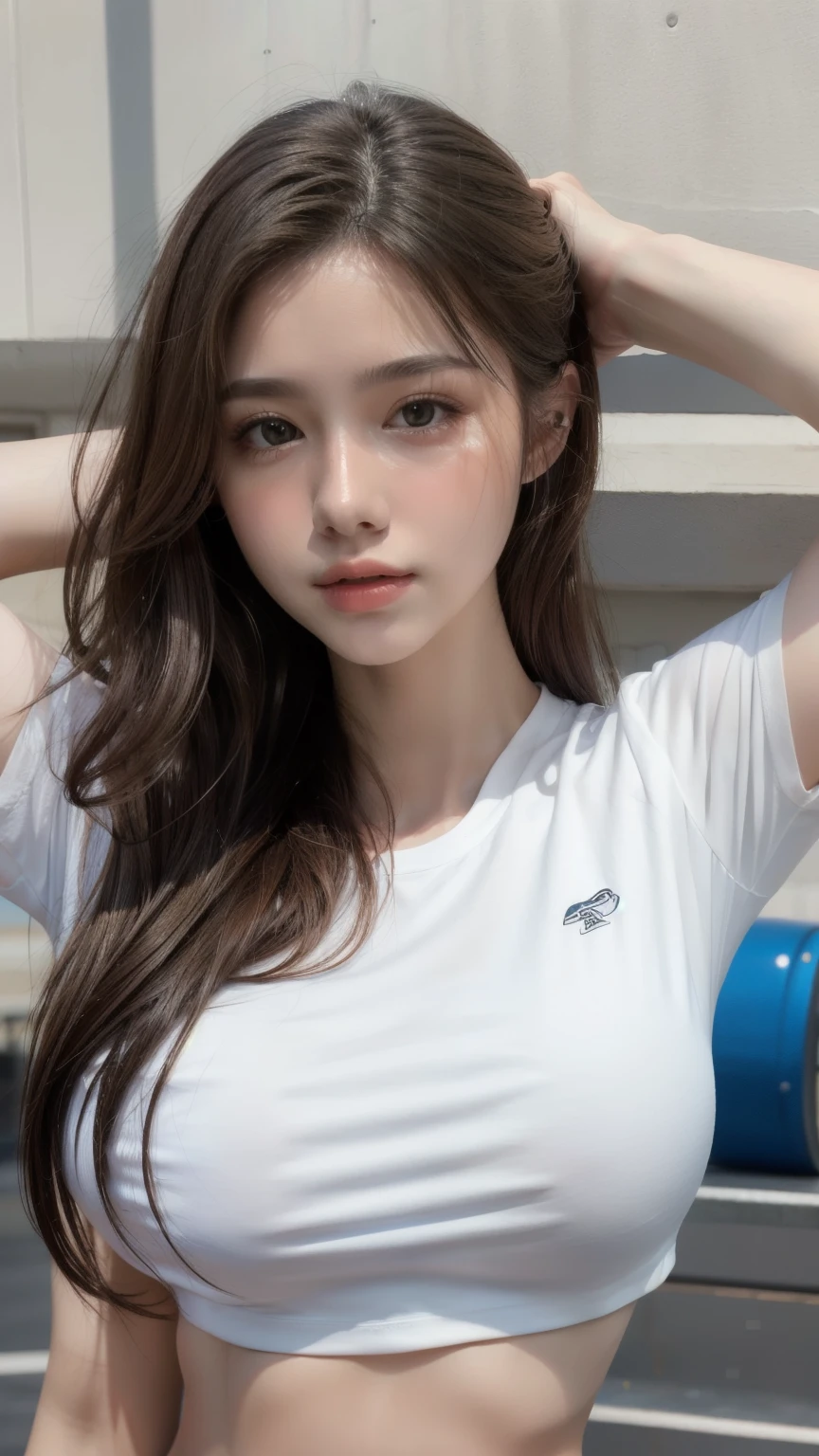 highest quality, Full body portrait, Delicate face, 18-year-old girl, Slim figure, Small breasts, White Crop Top T-Shirt,Gymnasium scene, Hall々Stand with,(head shot:1.5)