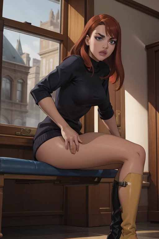 1Girl 18 years old, nur, Lange Haare, midsize , Blick auf den Betrachter, red hair, nackte Schultern, braune Augen, Schmuck, full entire body, Halskette, schulterfrei, pullover, lips, realistisch,yellow boots, boots, doing wear boots,full_nelson_vaginalfull_nelson_vaginalfucked_sillydripping_cumreverse_suspended_congress, legs held, from behind