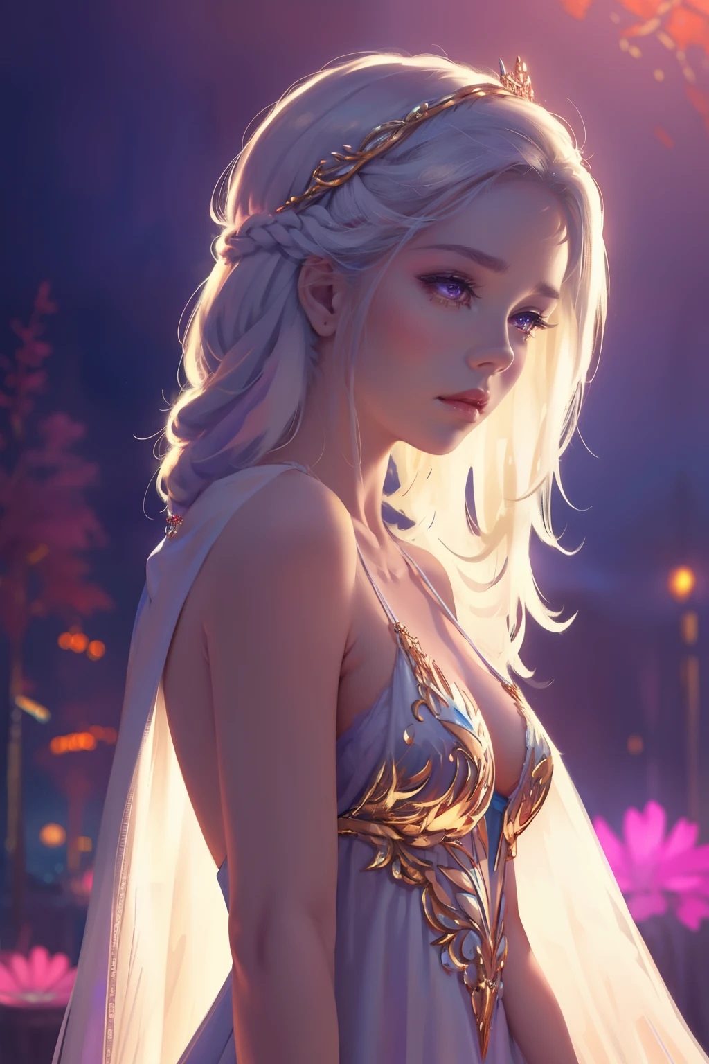 Light, neon, garden, red and blue tones, a girl dressed in a pale white simple silk dress with silver embroidery, looks like Daenerys, long white loose hair, stunning purple eyes, expressive breasts, gold jewelry, delicate face, intricate details, beautiful fantasy setting, 8K, HD