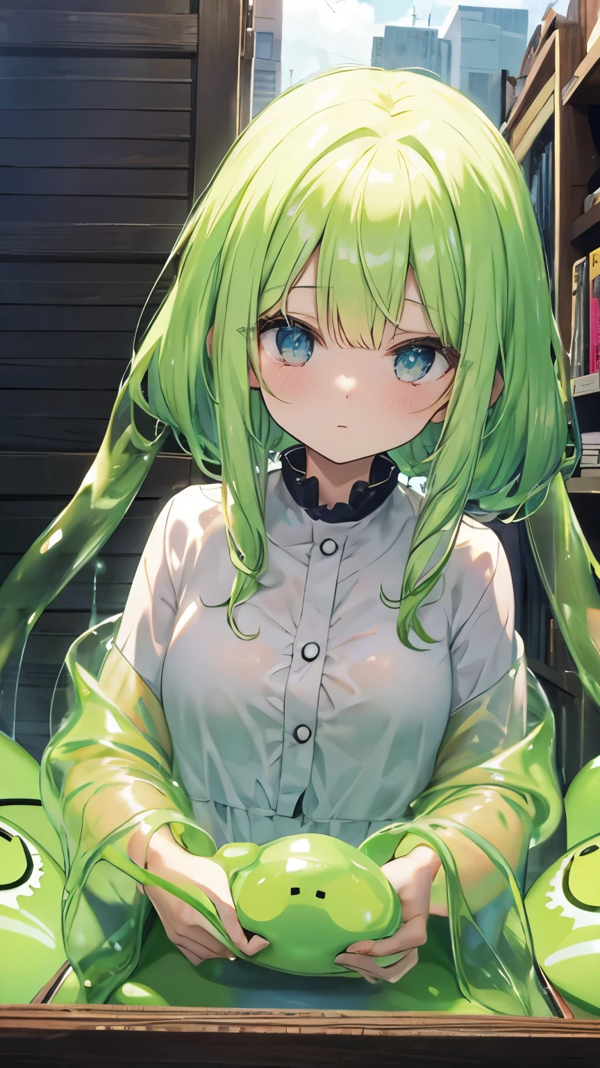 Loli Girl Slime, Body color: light green, Transparent, in full height, with long hair , in a skirt and tights also made of slime, Transparent