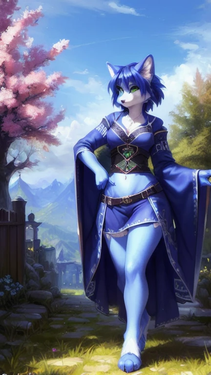 A beautiful and detailed (cute full body portrait) von ((Krystal)), Sternenfuchs Krystal, Schlank, liebenswert, green eyes, medium breasts, (((Lange blaue Haare 1.3))),  ((schwarze haarspitzen)), Dekollete, Grinsen, hoch schauen,, anthro, Pelzig, Hochgeladen E621, detailed flauschige fur, (von Fluff-Kevlar, Bayard Wu, personalami, Pino Daeni), detailliertes Gesicht, (flauschige), 1 girl, Allein, wears a kimono, befindet sich in einem japanischen dorf