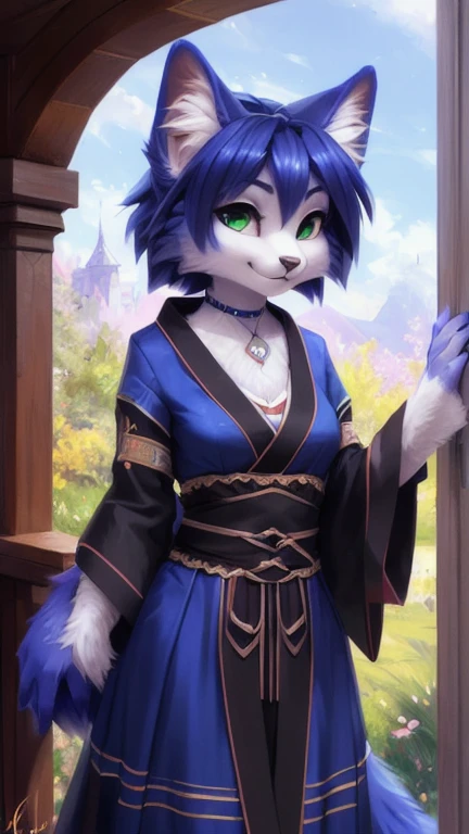 A beautiful and detailed (cute full body portrait) von ((Krystal)), Sternenfuchs Krystal, Schlank, liebenswert, green eyes, medium breasts, (((Lange blaue Haare 1.3))), ((schwarze haarspitzen)), Dekollete, Grinsen, hoch schauen,, anthro, Pelzig, Hochgeladen E621, detailed flauschige fur, (von Fluff-Kevlar, Bayard Wu, personalami, Pino Daeni), detailliertes Gesicht, (flauschige), 1 girl, Allein, wears a kimono, befindet sich in einem japanischen dorf