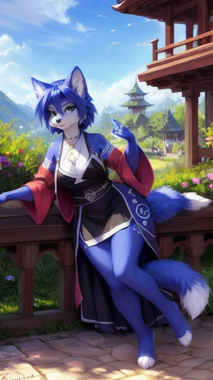 A beautiful and detailed (cute full body portrait) von ((Krystal)), Sternenfuchs Krystal, Schlank, liebenswert, green eyes, medium breasts, (((Lange blaue Haare 1.3))),  ((schwarze haarspitzen)), Dekollete, Grinsen, hoch schauen,, anthro, Pelzig, Hochgeladen E621, detailed flauschige fur, (von Fluff-Kevlar, Bayard Wu, personalami, Pino Daeni), detailliertes Gesicht, (flauschige), 1 girl, Allein, wears a kimono, befindet sich in einem japanischen dorf