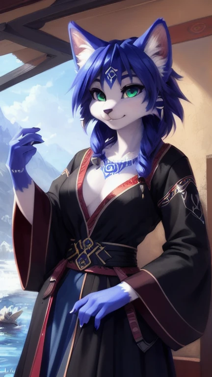 A beautiful and detailed (cute full body portrait) von ((Krystal)), Sternenfuchs Krystal, Schlank, liebenswert, green eyes, medium breasts, (((Lange blaue Haare 1.3))), ((schwarze haarspitzen)), Dekollete, Grinsen, hoch schauen,, anthro, Pelzig, Hochgeladen E621, detailed flauschige fur, (von Fluff-Kevlar, Bayard Wu, personalami, Pino Daeni), detailliertes Gesicht, (flauschige), 1 girl, Allein, wears a kimono, befindet sich in einem japanischen dorf