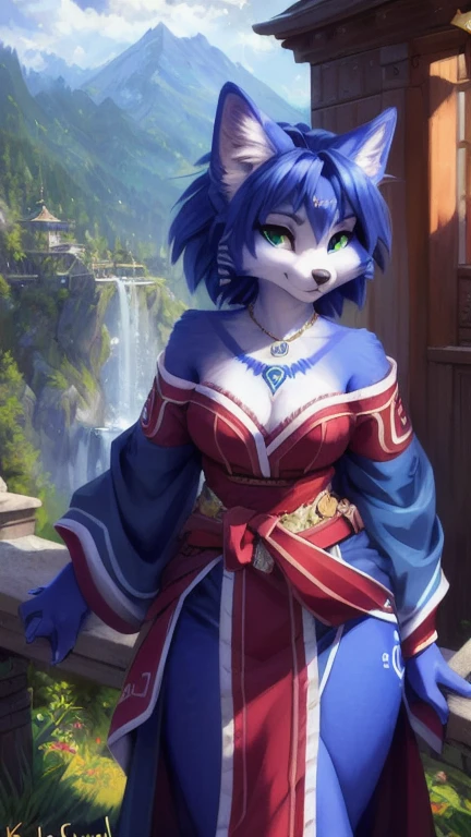 A beautiful and detailed (cute full body portrait) von ((Krystal)), Sternenfuchs Krystal, Schlank, liebenswert, green eyes, medium breasts, (((Lange blaue Haare 1.3))),  ((schwarze haarspitzen)), Dekollete, Grinsen, hoch schauen,, anthro, Pelzig, Hochgeladen E621, detailed flauschige fur, (von Fluff-Kevlar, Bayard Wu, personalami, Pino Daeni), detailliertes Gesicht, (flauschige), 1 girl, Allein, wears a kimono, befindet sich in einem japanischen dorf