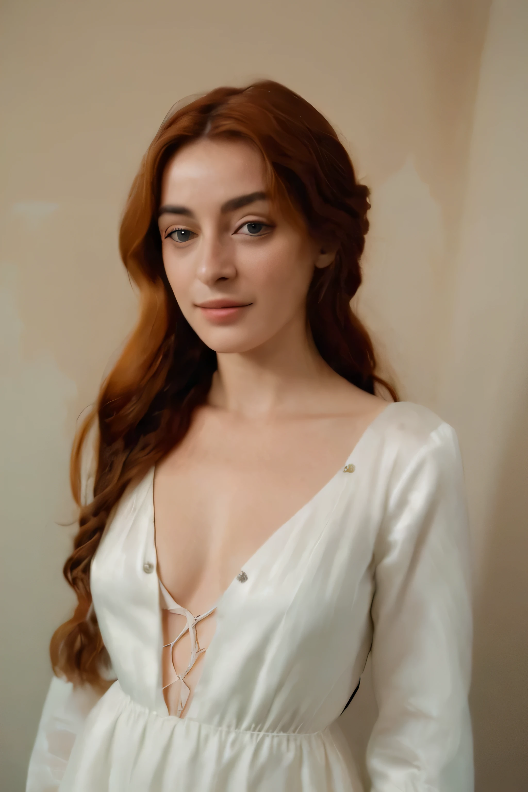 (best quality,4k,8k,highres,masterpiece:1.2),ultra-detailed,realistic,portrait,Simonetta Vespucci,white gown,fine brushstrokes,vivid colors,subtle lighting,pale skin,long wavy hair,fine details,lovely smile,intense eyes,delicate features,natural pose,beautiful backdrop,romantic atmosphere