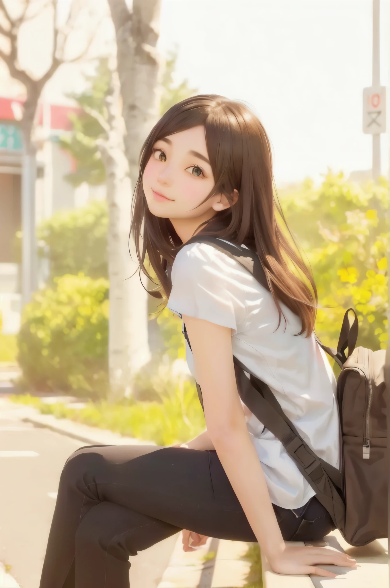 anime girl sitting on a bench with a backpack on her back, attractive anime girl, beautiful anime girl, realistic anime 3 d style, cute anime girl, pretty anime girl, anime visual of a cute girl, young anime girl, beautiful anime high school girl, realistic anime artstyle, smooth anime cg art, ilya kuvshinov with long hair, realistic young anime girl, realistic hair