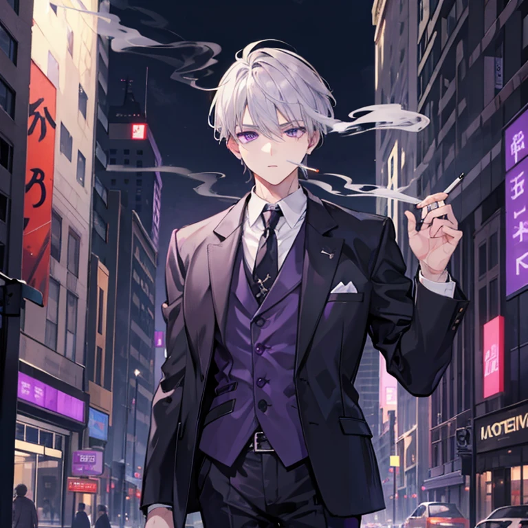 Smoking a cigarette Grey Hair Purple Eyes 1Boy male In a suit City of night