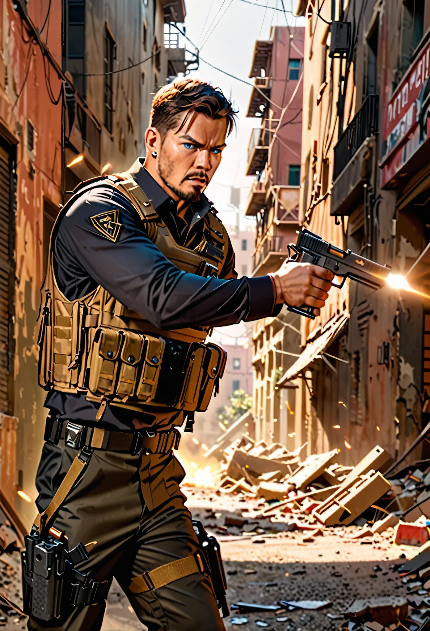 masterpiece, best quality, Soldier with dark uniform, using pistol, STI 1911, ruined background, realistic, stylish, rutkowski, goatee, brown hair, buzz hair, blue eyes, tactical vest, intricate details, hyperdetailed, cinematic, rim light, danger atmosphere
