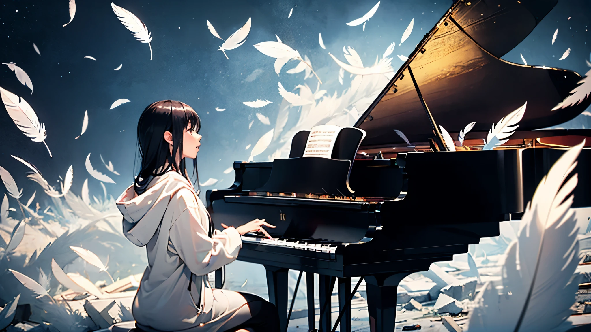 ((long shot)), (full shot), night, alone, eyes closed, mouth open, singing, pile of rubble, sideways, profile,
((countless feathers in the sky)), battlefield, fire, ruins, high quality, one grand piano in a war zone, one pianist, angel, ((woman in white hoodie singing while playing piano)), ((two large white translucent multimeter feathers on woman's back)), cool woman, fantastic, longblack hair ((full shot))