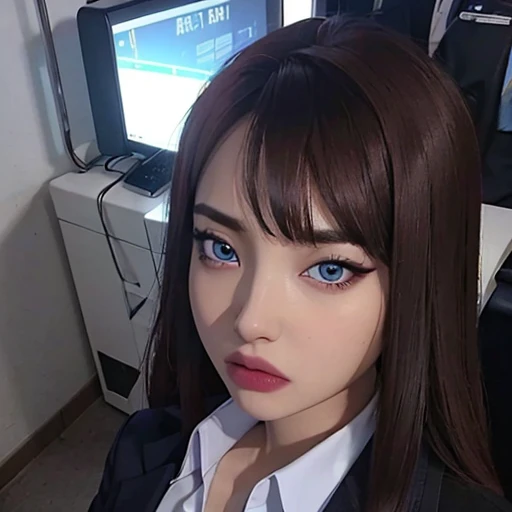 (masterpiece, high quality) woman, formal business suit, shirt, pants, solo , looking at viewer, perfect face, suits Navy blue, crystal blue eyes, eyelashes, makeup