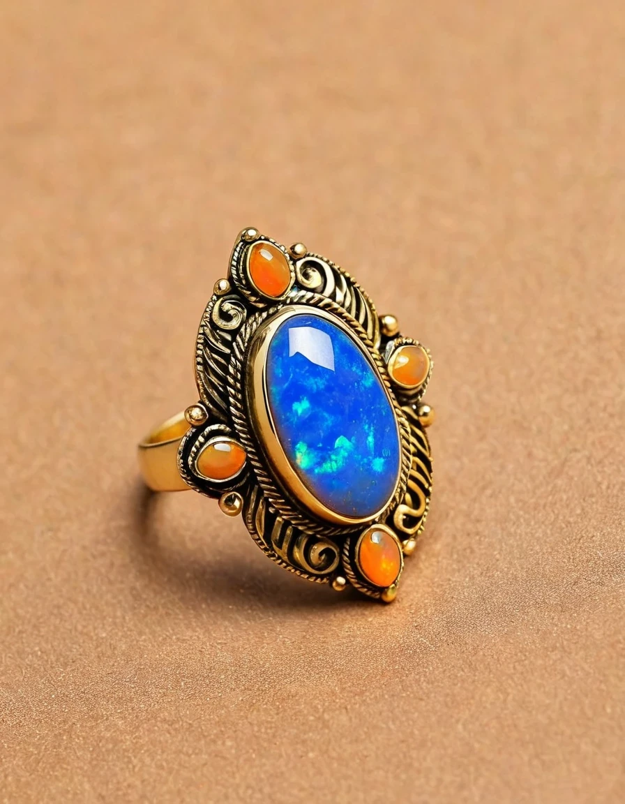 in style of Ming Dynasty period ，The Virgin Mary is an oval blue-orange opal stone minimalist abstract ring design，Indian elements，The matching stones are small amounts of lapis lazuli and turquoise，，Clams，feather，gem，Retro，Old，Soft Light