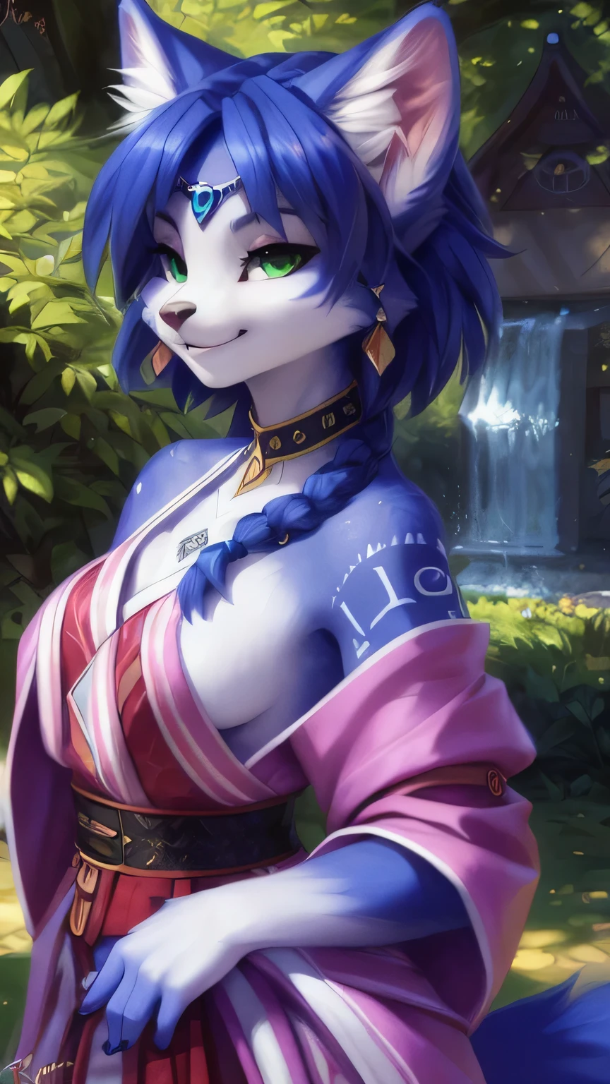 A beautiful and detailed (cute full body portrait) von ((Krystal)), Sternenfuchs Krystal, Schlank, liebenswert, green eyes, medium breasts, (((Lange blaue Haare 1.3))), ((schwarze haarspitzen)), Dekollete, Grinsen, hoch schauen,, anthro, Pelzig, Hochgeladen E621, detailed flauschige fur, (von Fluff-Kevlar, Bayard Wu, personalami, Pino Daeni), detailliertes Gesicht, (flauschige), 1 girl, Allein, wears a kimono, befindet sich in einem japanischen dorf