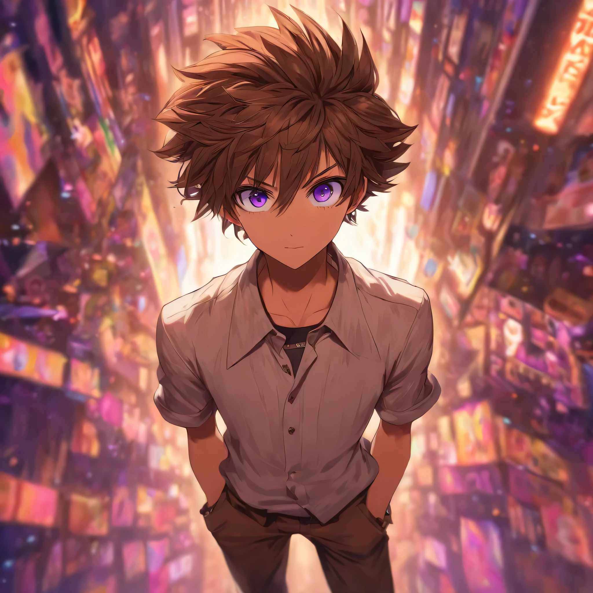 virtual_youtuber, 1 , macho_Foco, Sozinho, marrom_cabelo, roxo_olhos, simples_Fundo, marrom_pantsdos, completo_corpo, sempre em frente, olhando_no_visualizador, pants, camisa de colarinho branco, cabelo_entre_olhos, (Olhos muito detalhados:1.5)