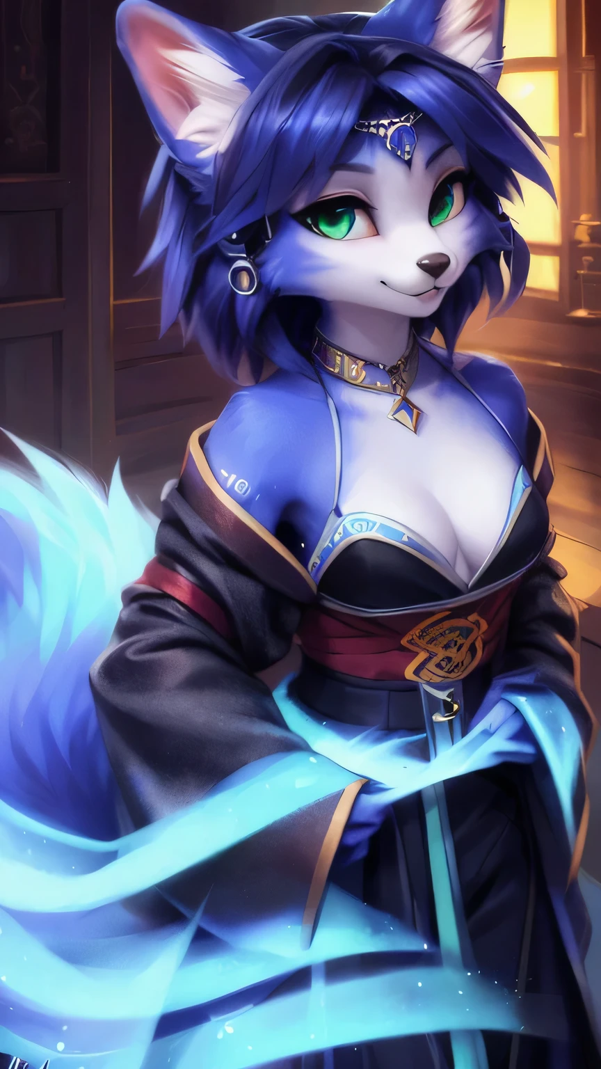 A beautiful and detailed (cute full body portrait) von ((Krystal)), Sternenfuchs Krystal, Schlank, liebenswert, green eyes, medium breasts, (((Lange blaue Haare 1.3))), ((schwarze haarspitzen)), Dekollete, Grinsen, hoch schauen,, anthro, Pelzig, Hochgeladen E621, detailed flauschige fur, (von Fluff-Kevlar, Bayard Wu, personalami, Pino Daeni), detailliertes Gesicht, (flauschige), 1 girl, Allein, wears a kimono, befindet sich in einem japanischen dorf