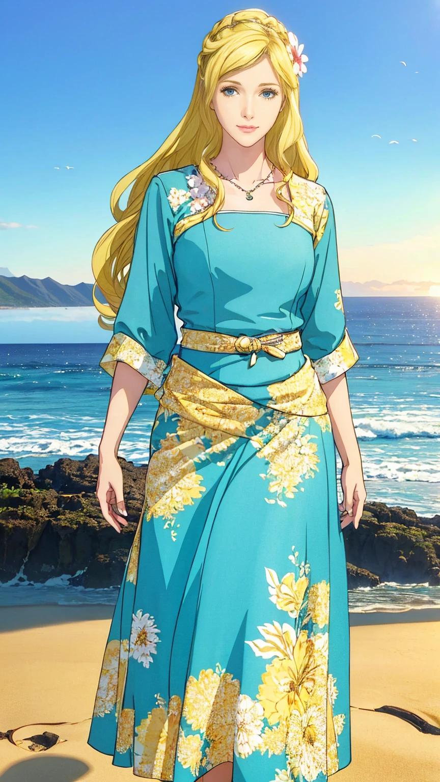 (masterpiece, best quality, high resolution, ultra detailed), (beautiful and aesthetic: 1.2), 1 female, adult female, blonde long hair, blue eyes, gentle face, (slight smile: 0.8), detailed eyes and face, perfect body, full-length figure, beautiful makeup, beautiful hula skirt, Hawaiian skirt, Hawaiian style, Hawaiian shirt, sandals, flowers woven into hair, flower beads on the neck, beach, Hawaii, golden hour, sea , sand, holiday on the beach